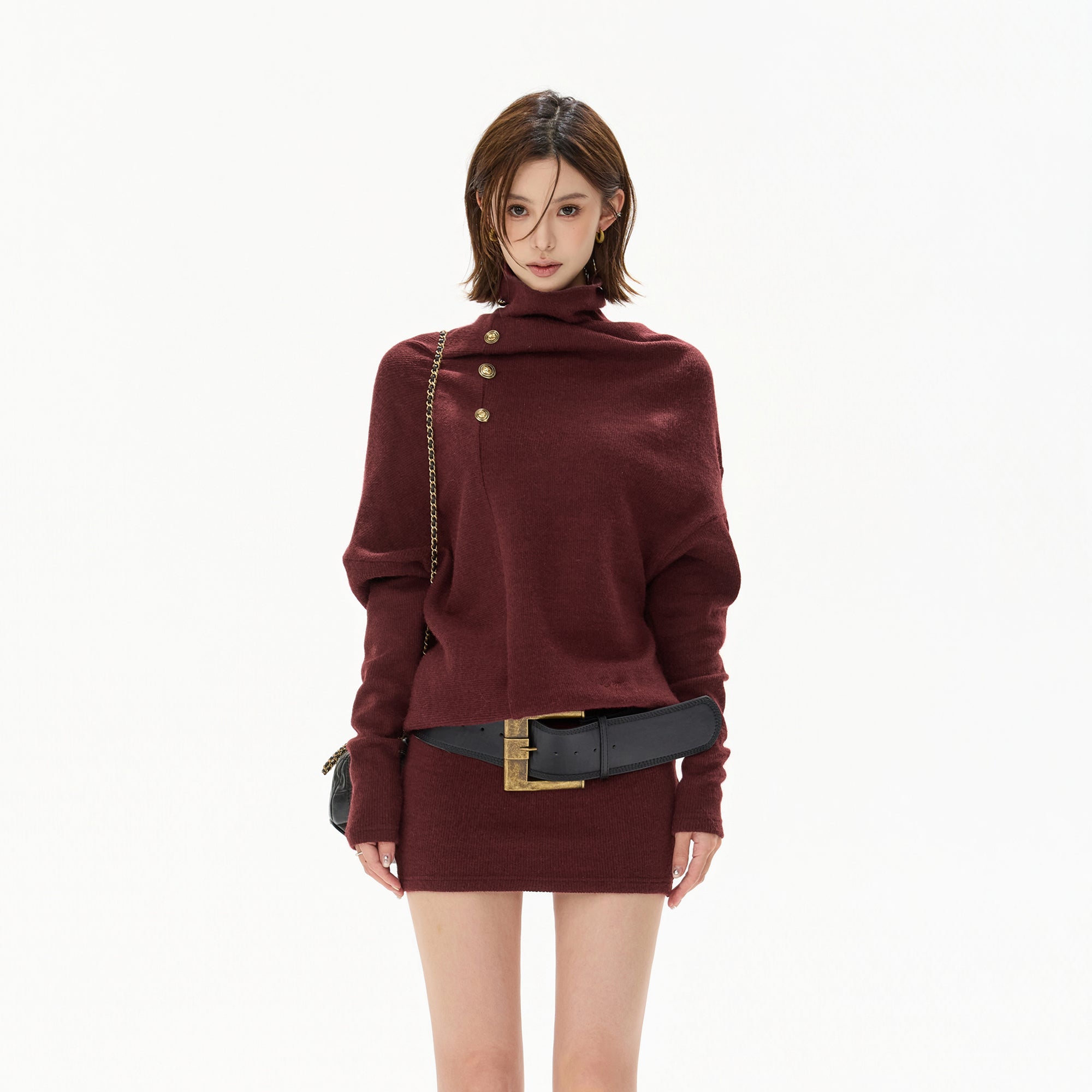 CYGNENOYR Slouch Neck Batwing Knit Dress Wine