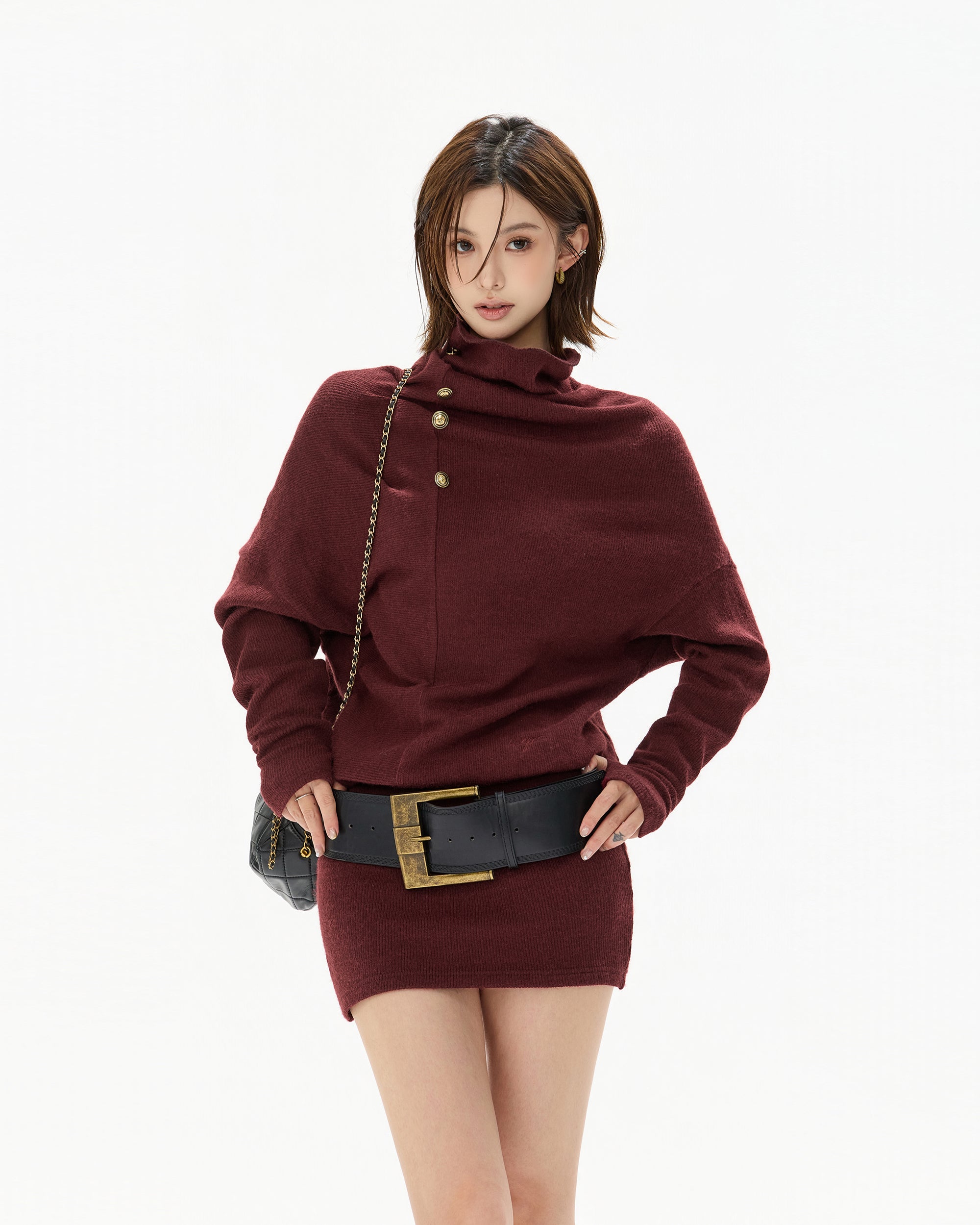 CYGNENOYR Slouch Neck Batwing Knit Dress Wine