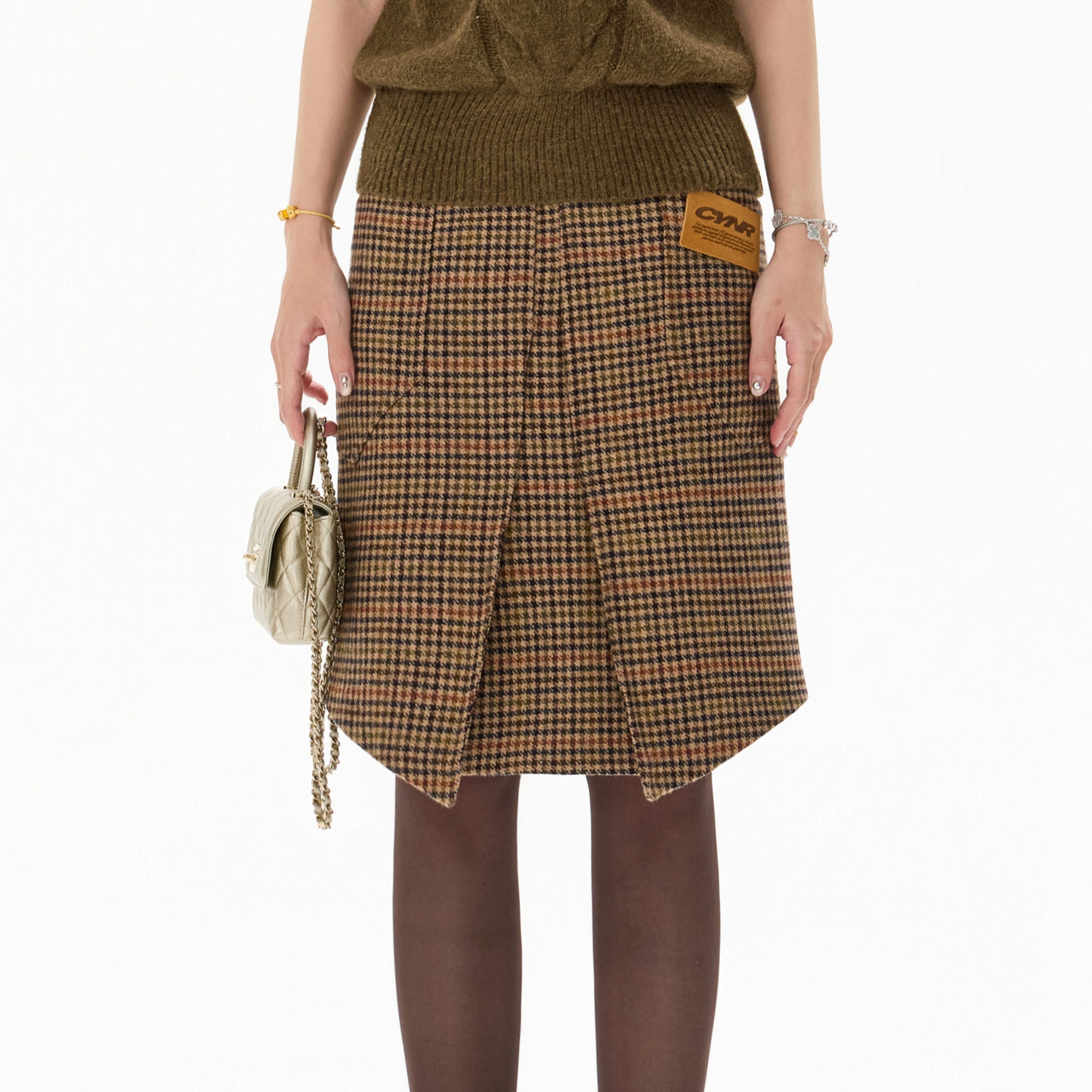 CYGNENOYR Houndstooth Pleated Asym Hem Wool-Blend Skirt