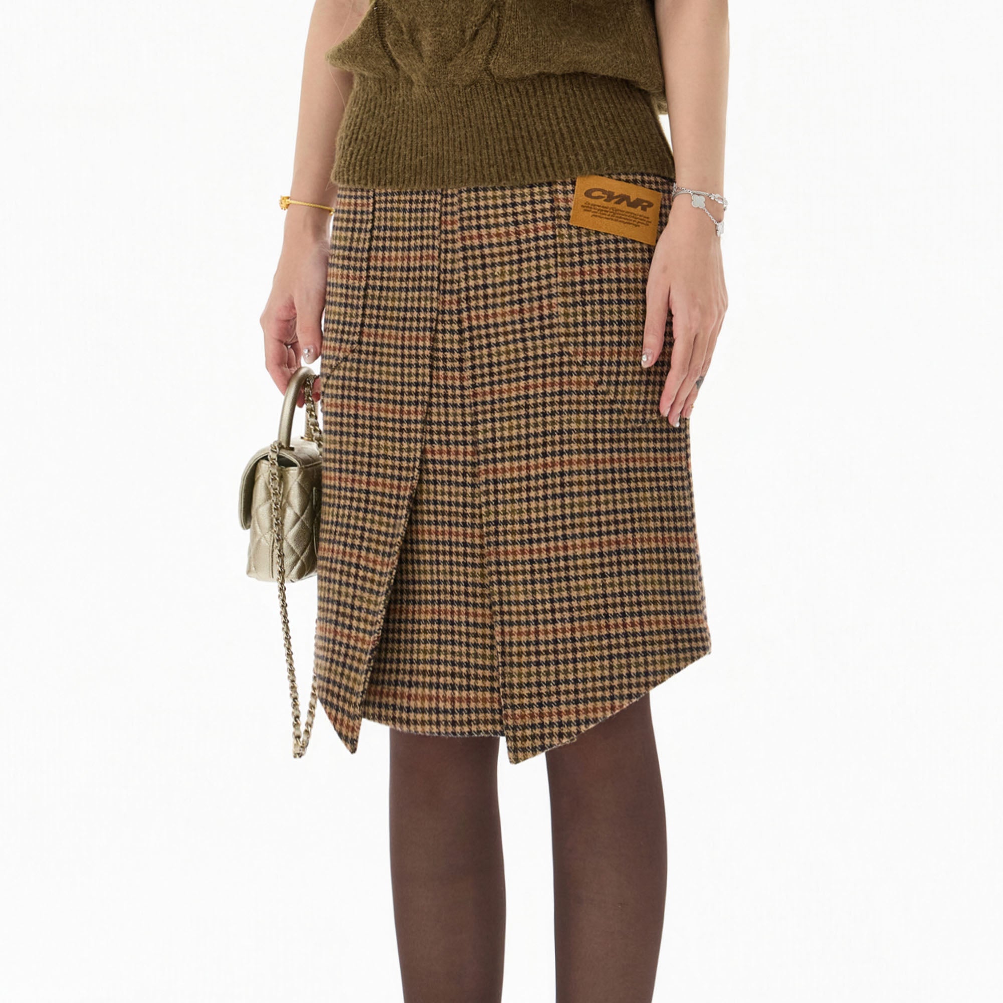 CYGNENOYR Houndstooth Pleated Asym Hem Wool-Blend Skirt