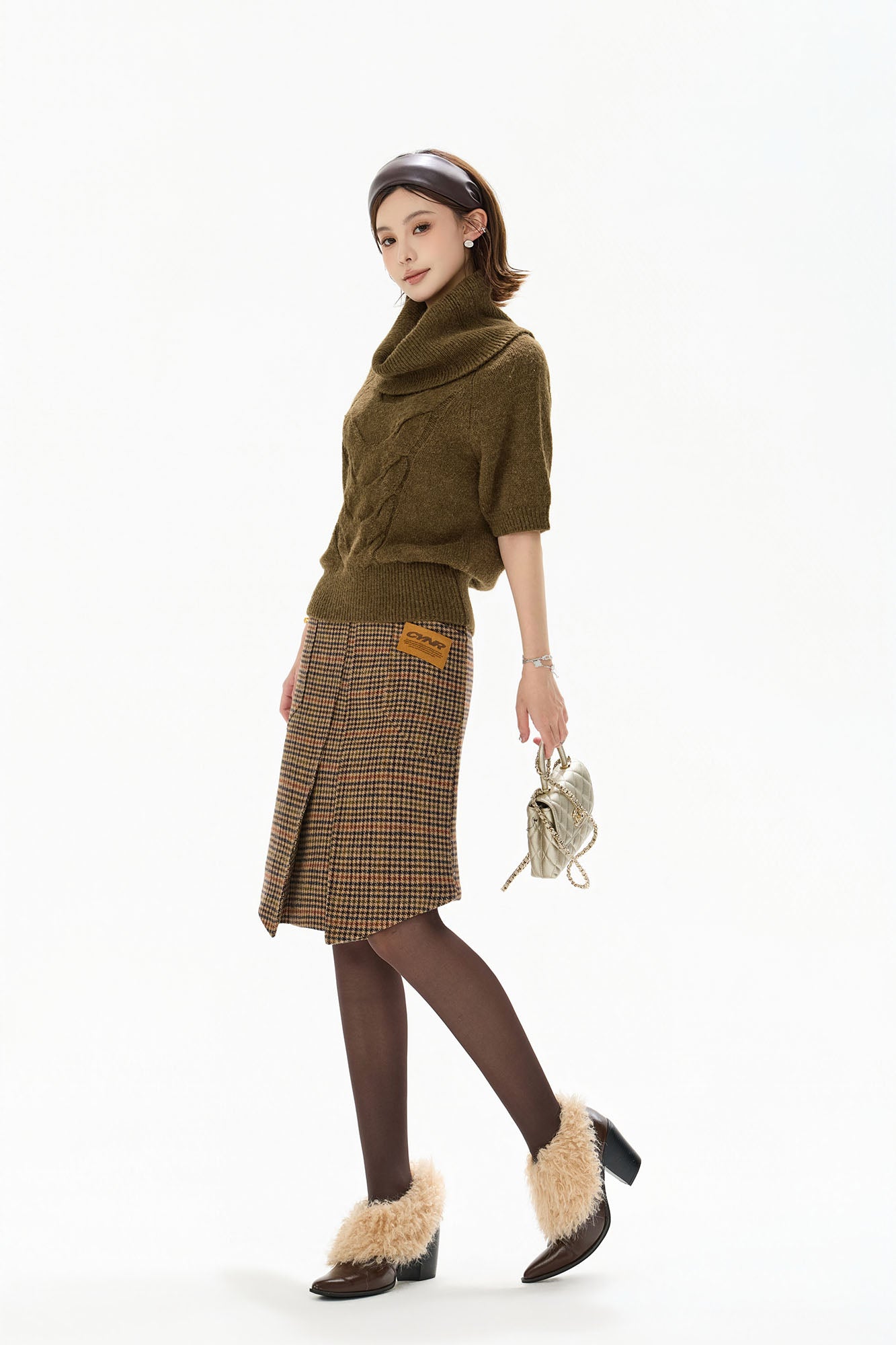 CYGNENOYR Houndstooth Pleated Asym Hem Wool-Blend Skirt
