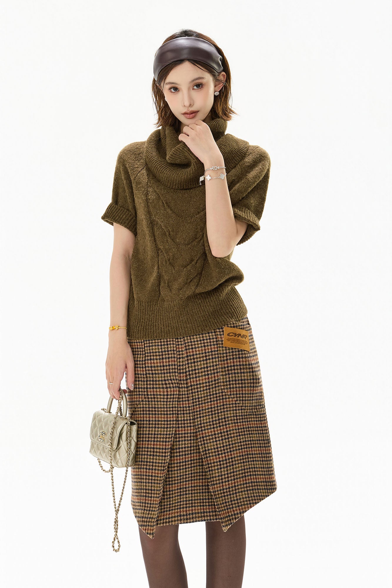 CYGNENOYR Houndstooth Pleated Asym Hem Wool-Blend Skirt