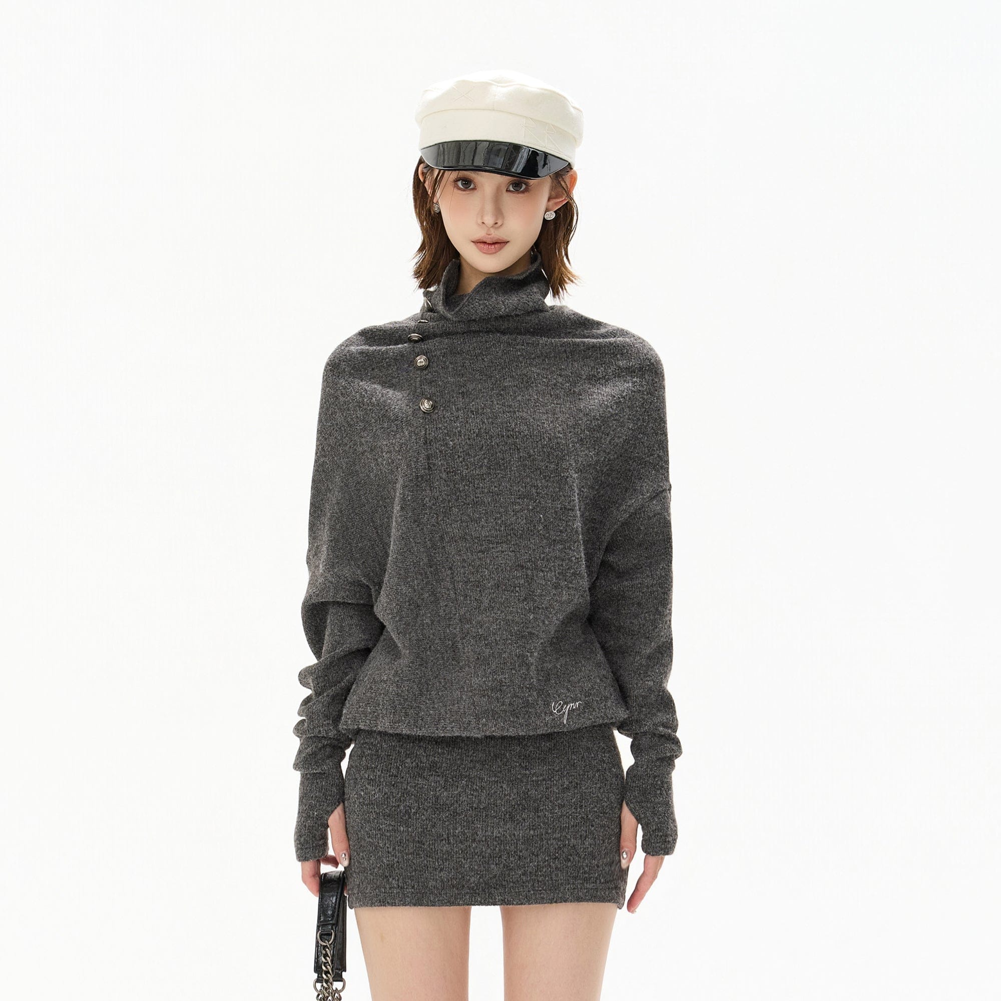 CYNR Slouch Neck Batwing Knit Dress Gray