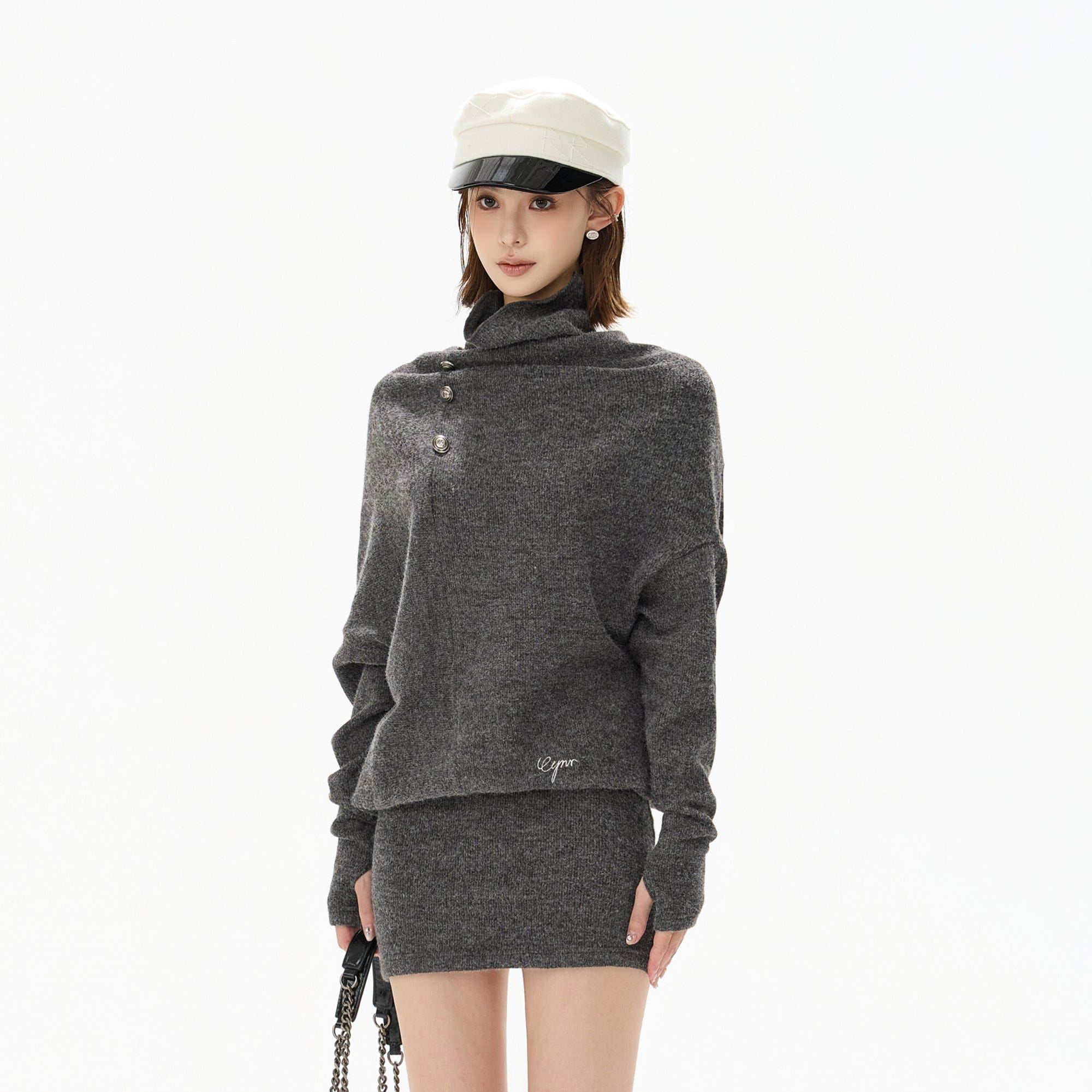 CYNR Slouch Neck Batwing Knit Dress Gray