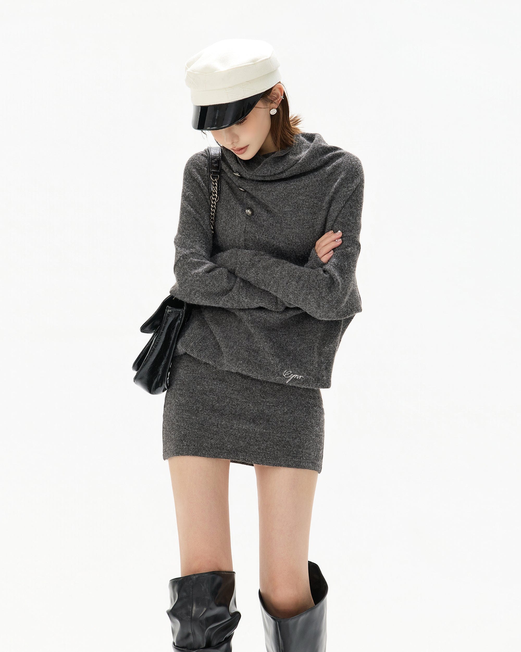 CYNR Slouch Neck Batwing Knit Dress Gray