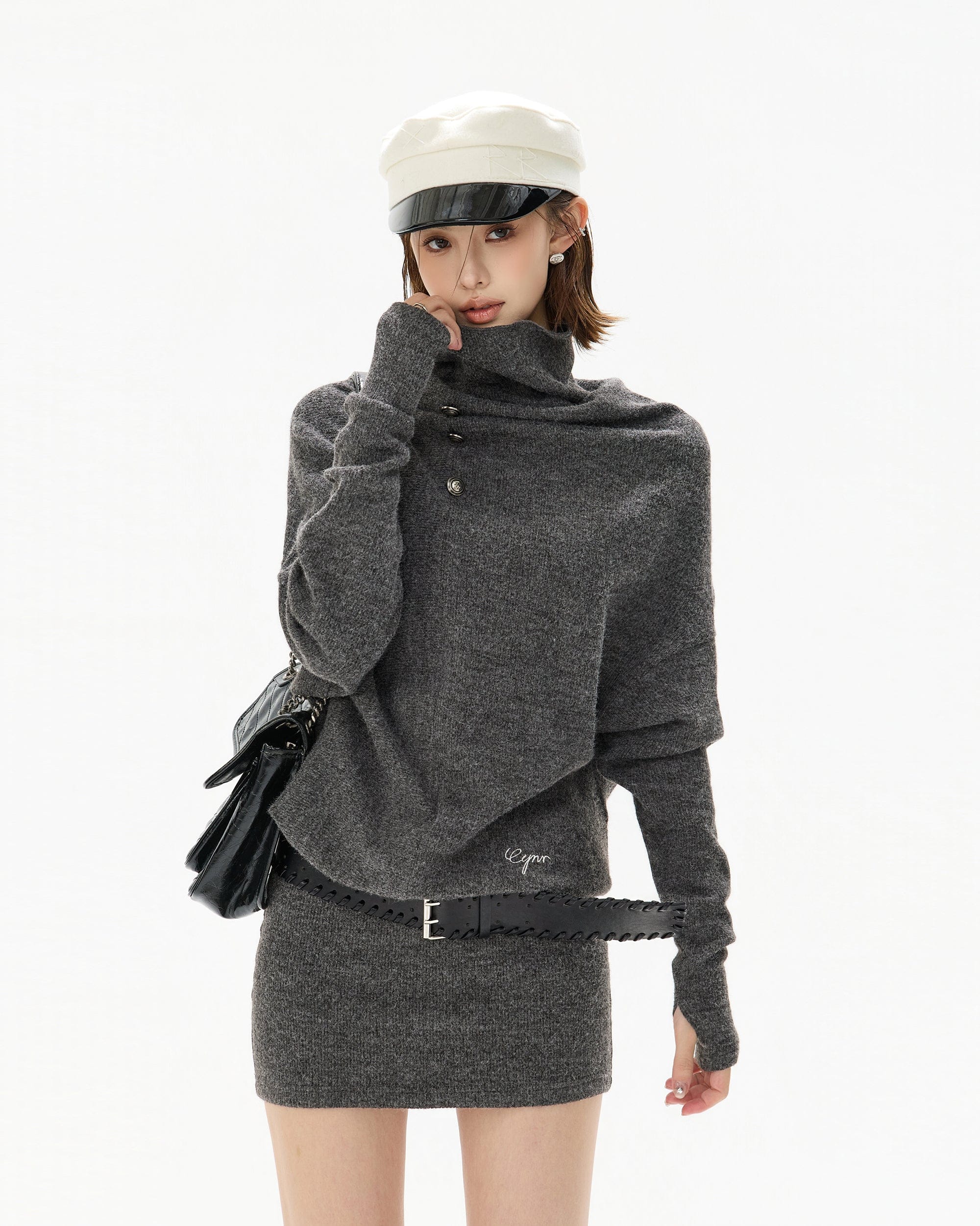 CYNR Slouch Neck Batwing Knit Dress Gray