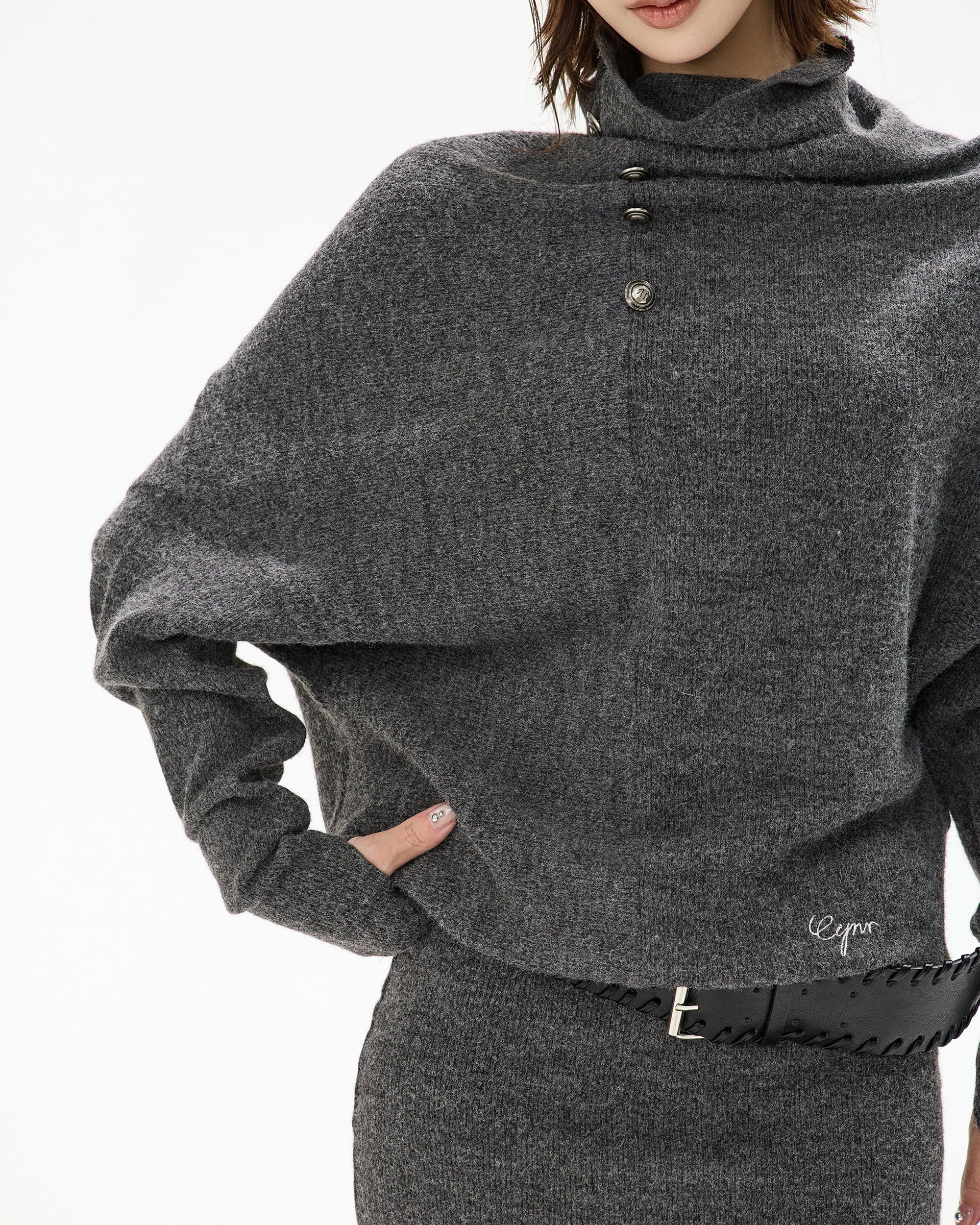 CYNR Slouch Neck Batwing Knit Dress Gray