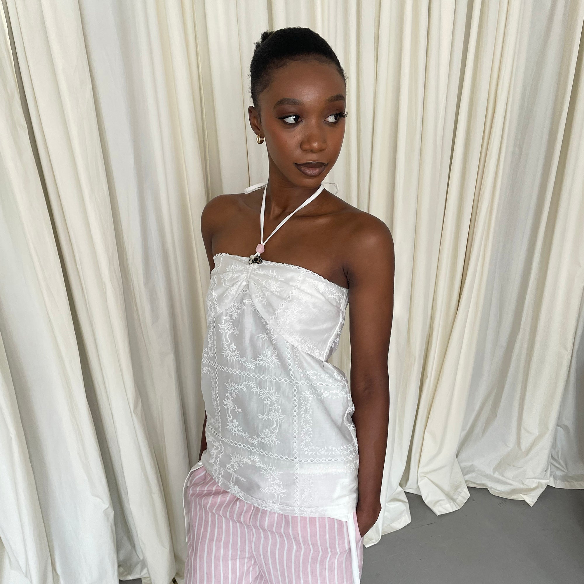 JIUWU PARK Embroidered Bow Halter Top