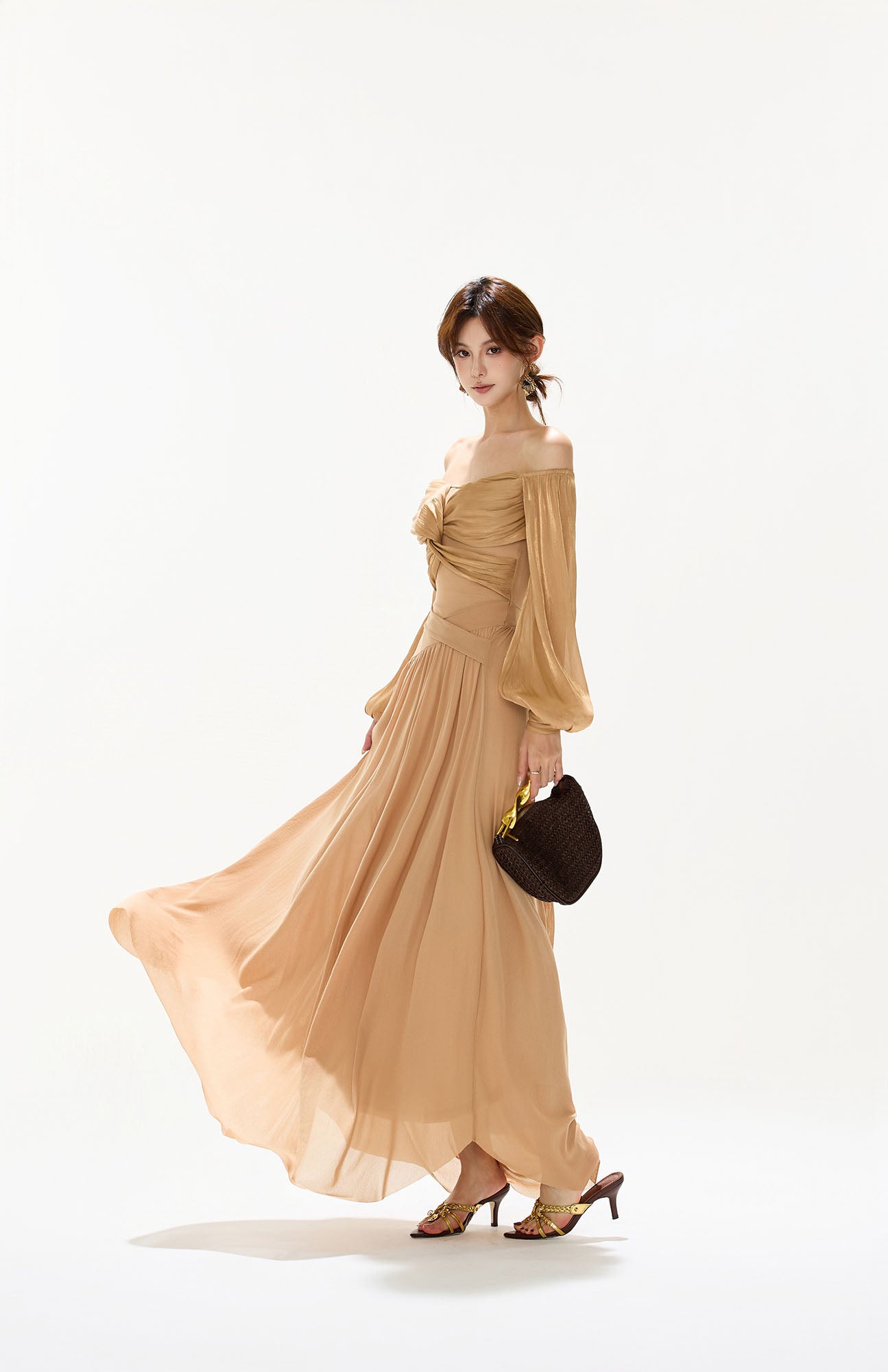 CYGNENOYR Twist-Front Off-Shoulder Chiffon Maxi Dress