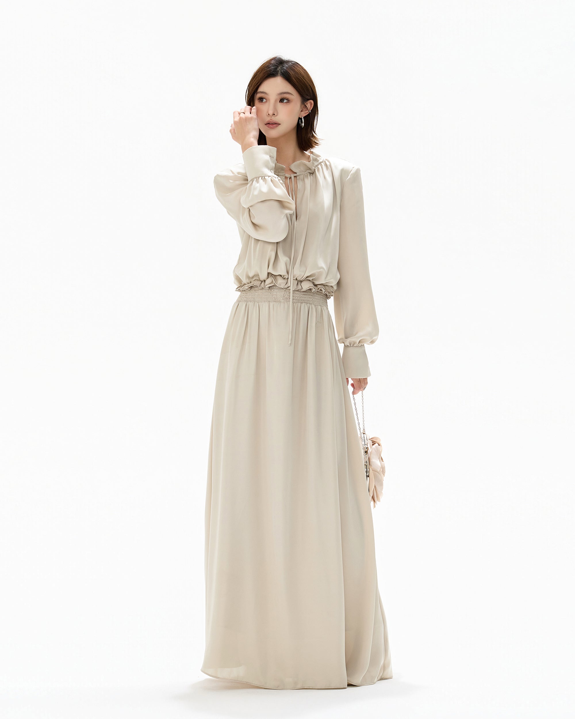 CYGNENOYR Ruffle Collar Ruched Satin Maxi Dress