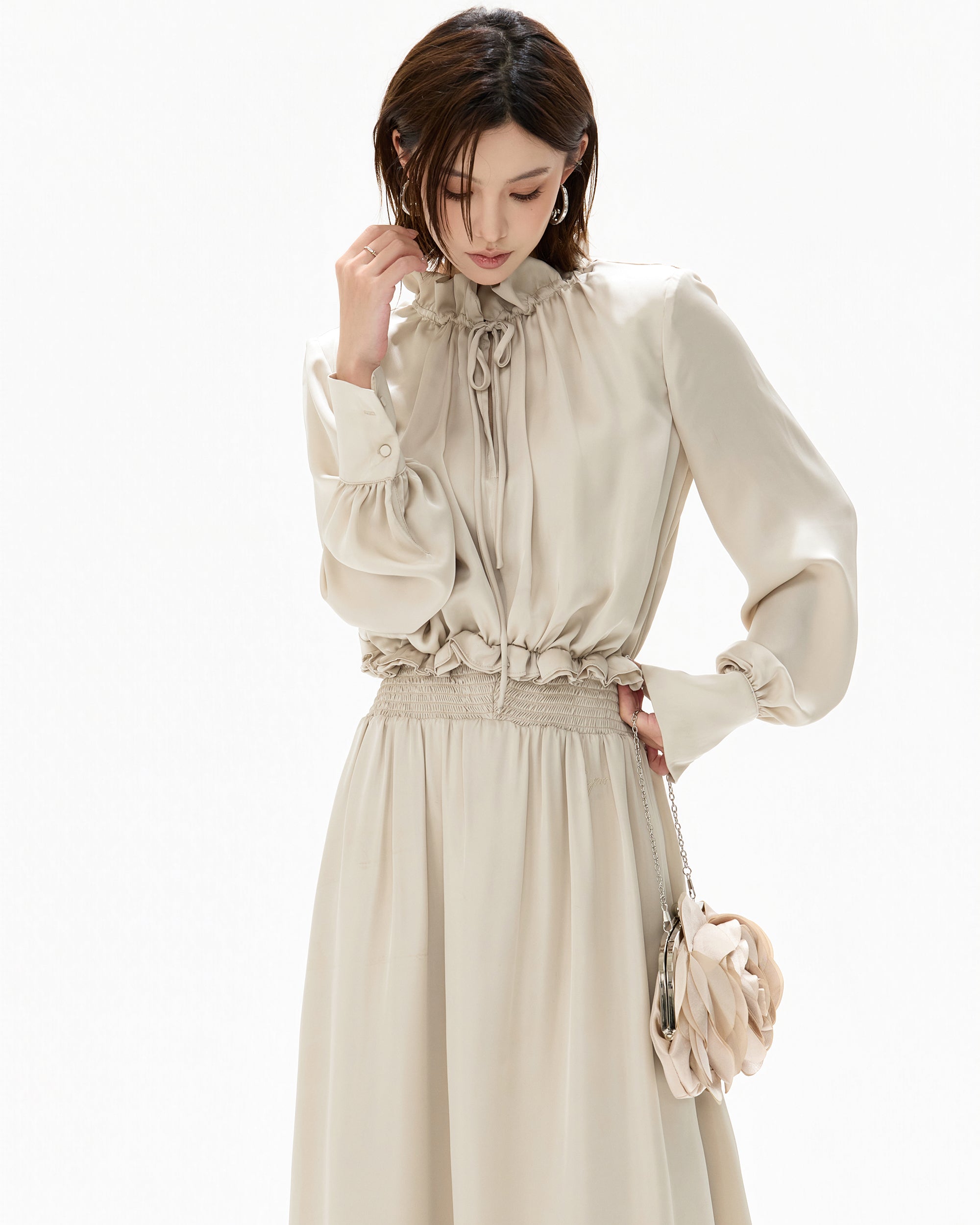 CYGNENOYR Ruffle Collar Ruched Satin Maxi Dress