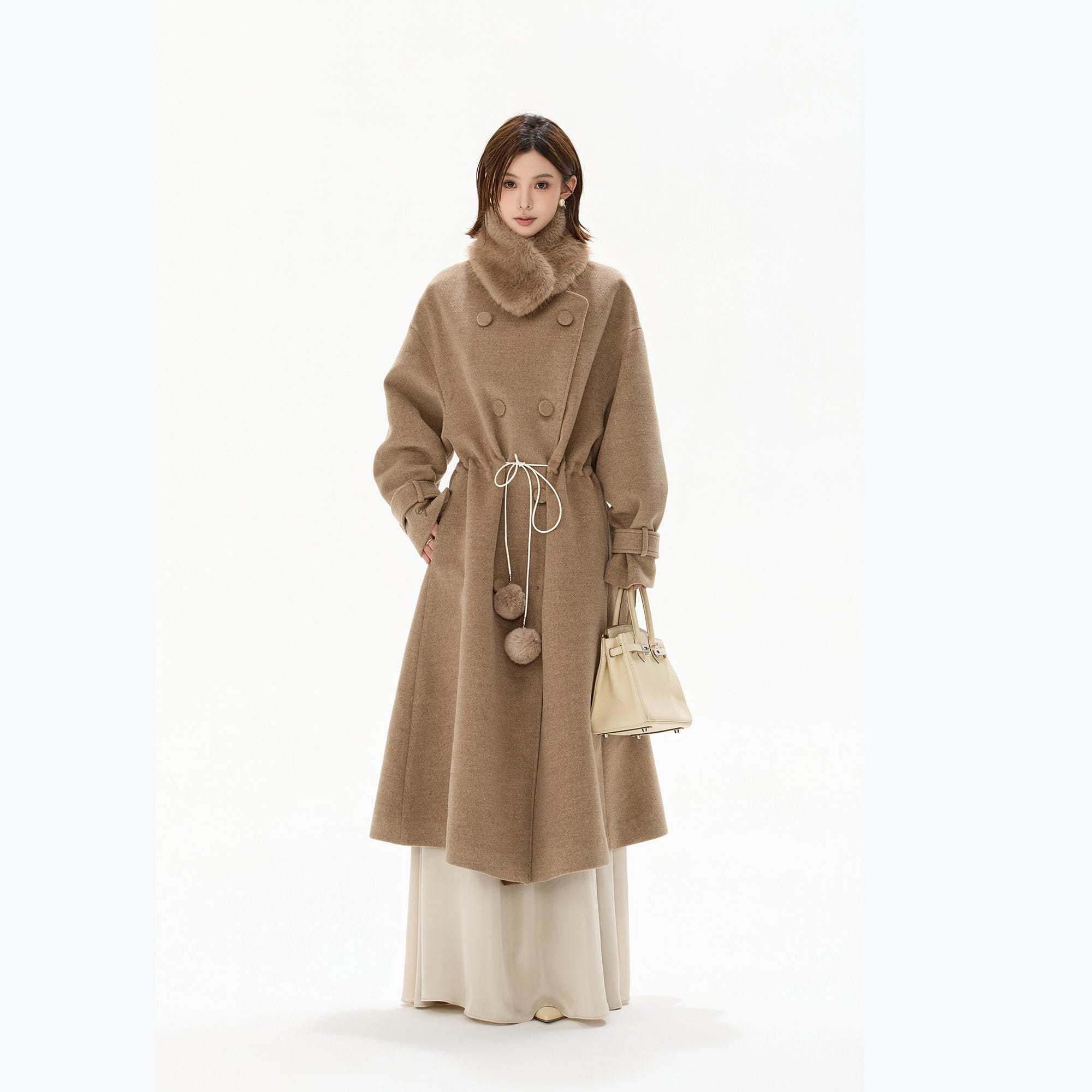 CYNR Faux Fur Collar Pom-Pom Cinched Coat