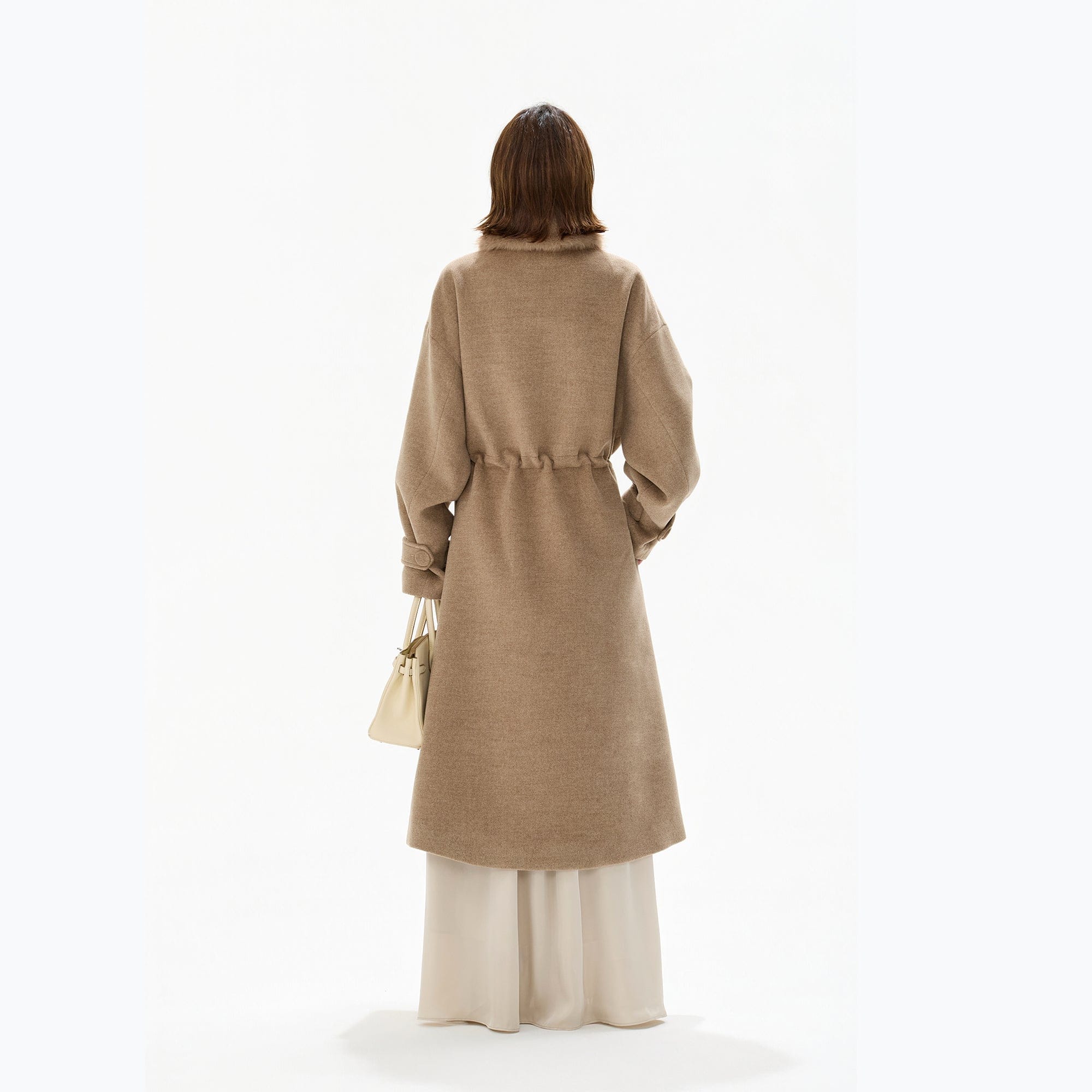 CYNR Faux Fur Collar Pom-Pom Cinched Coat