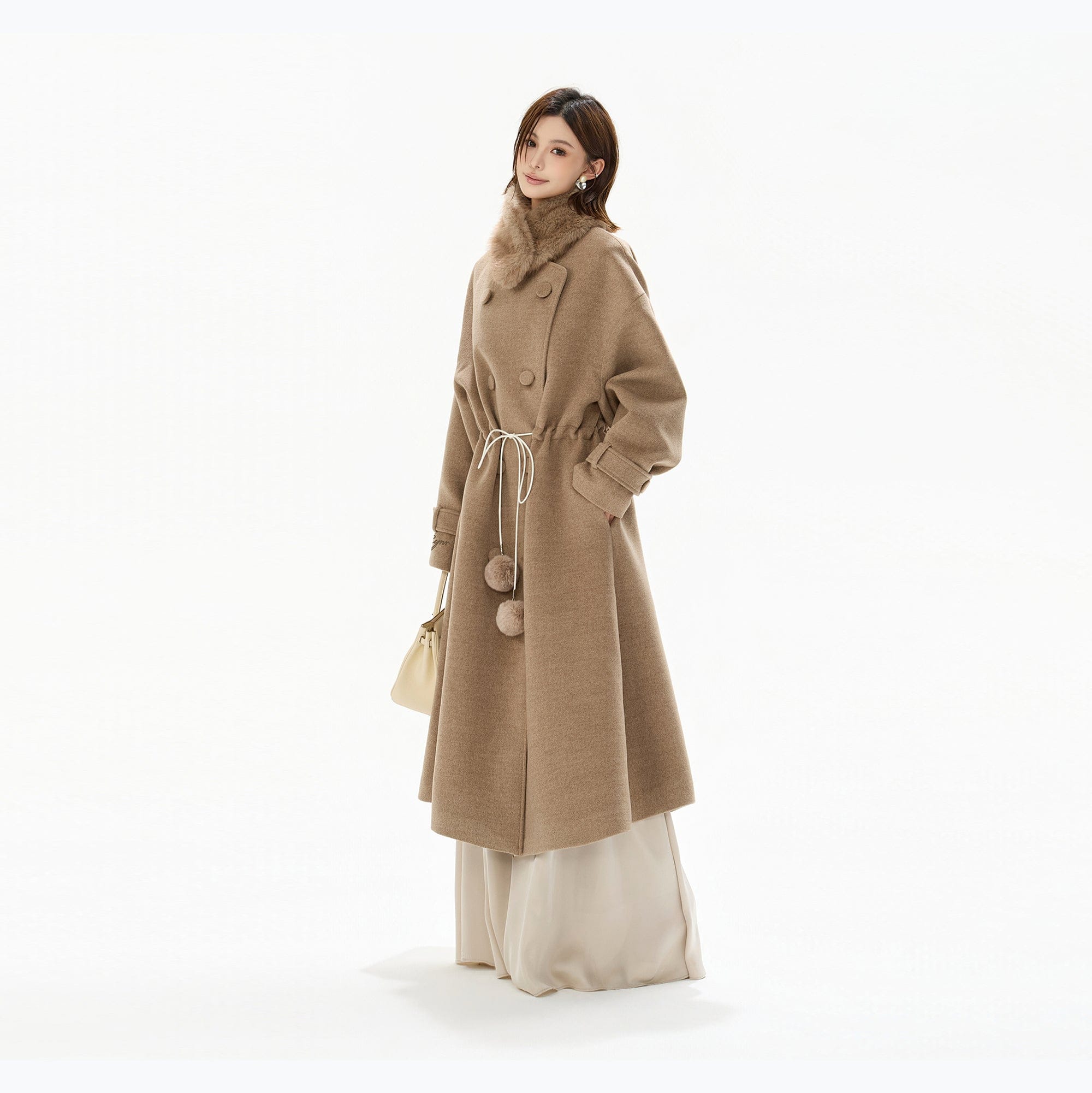 CYNR Faux Fur Collar Pom-Pom Cinched Coat