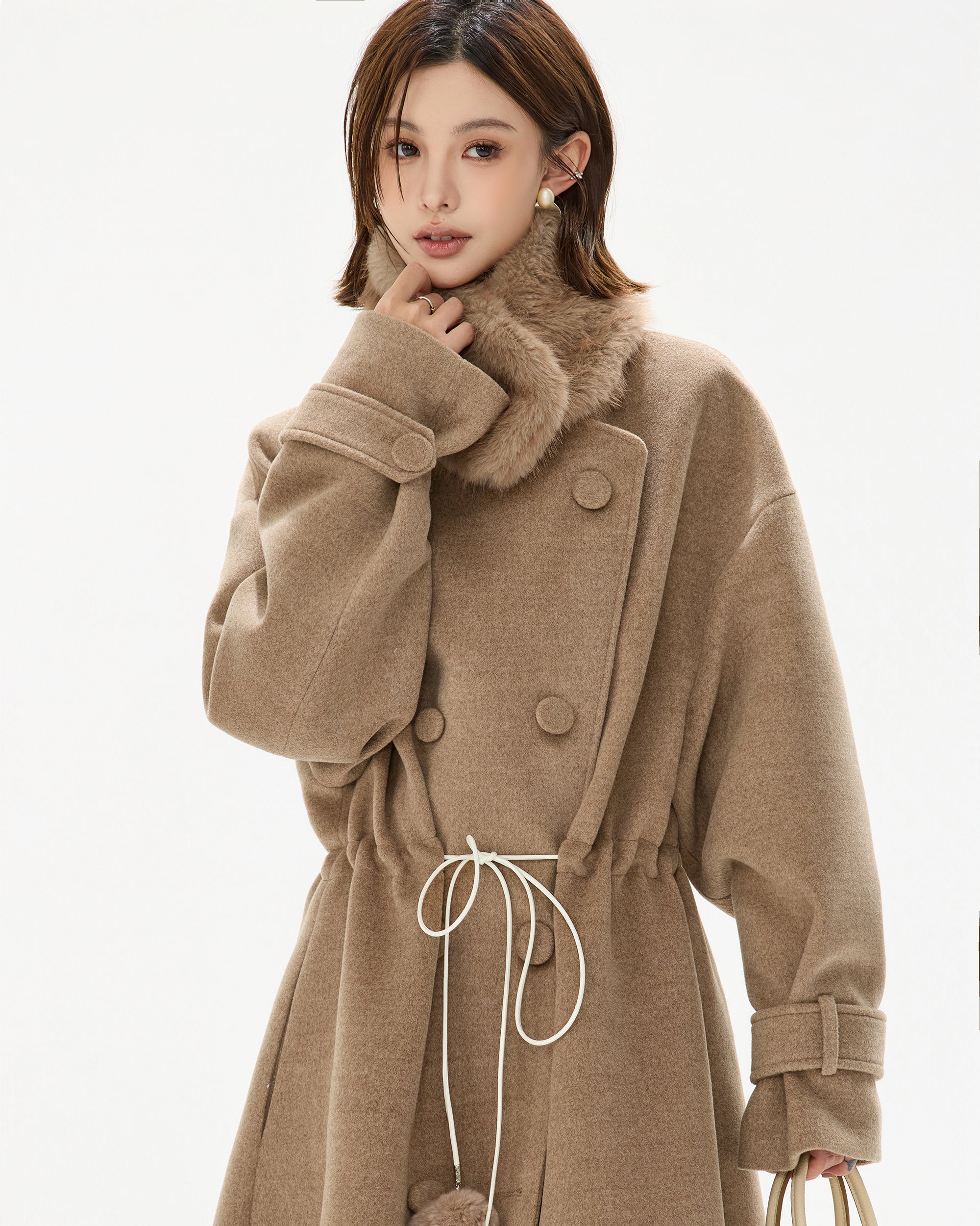 CYNR Faux Fur Collar Pom-Pom Cinched Coat
