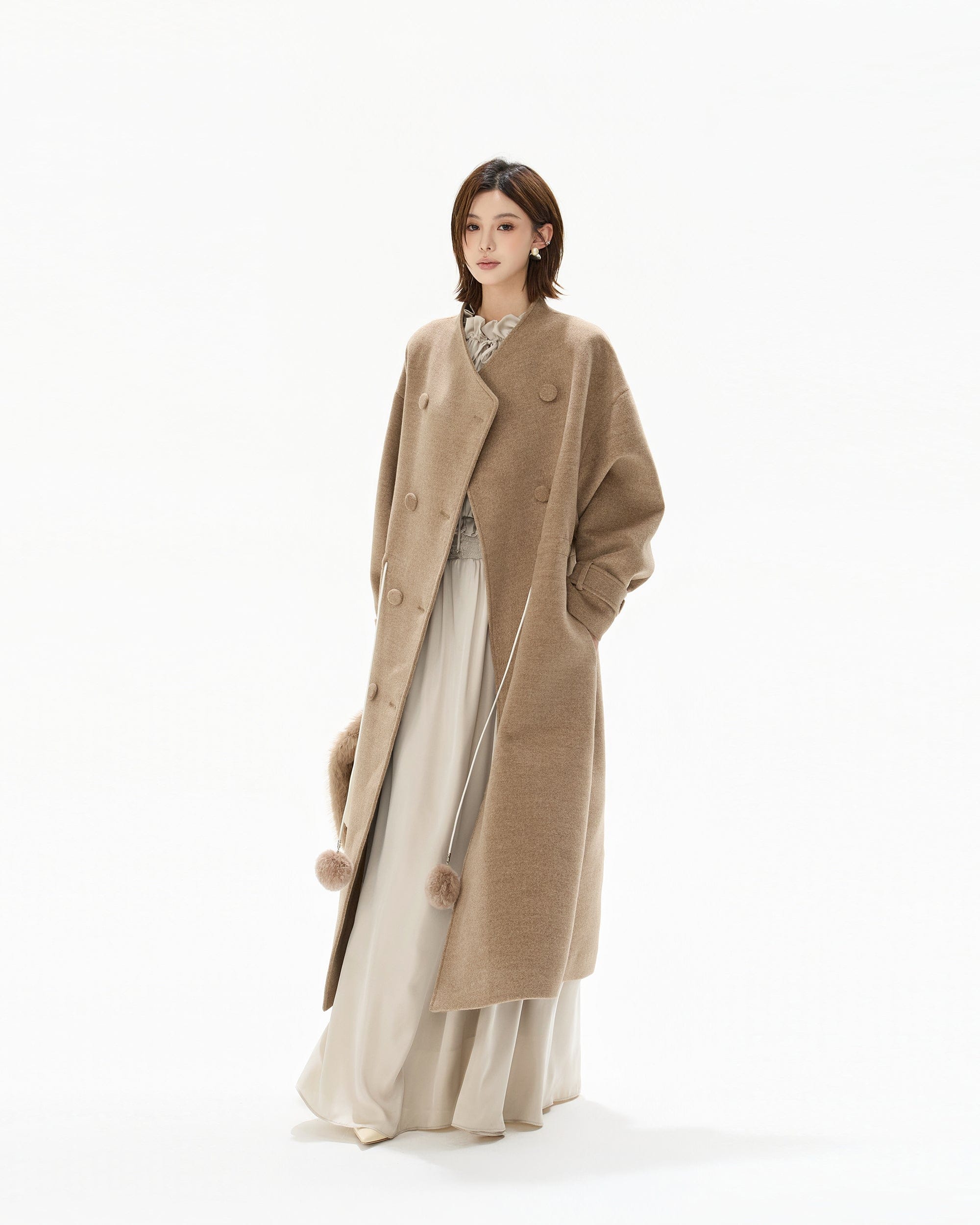 CYNR Faux Fur Collar Pom-Pom Cinched Coat