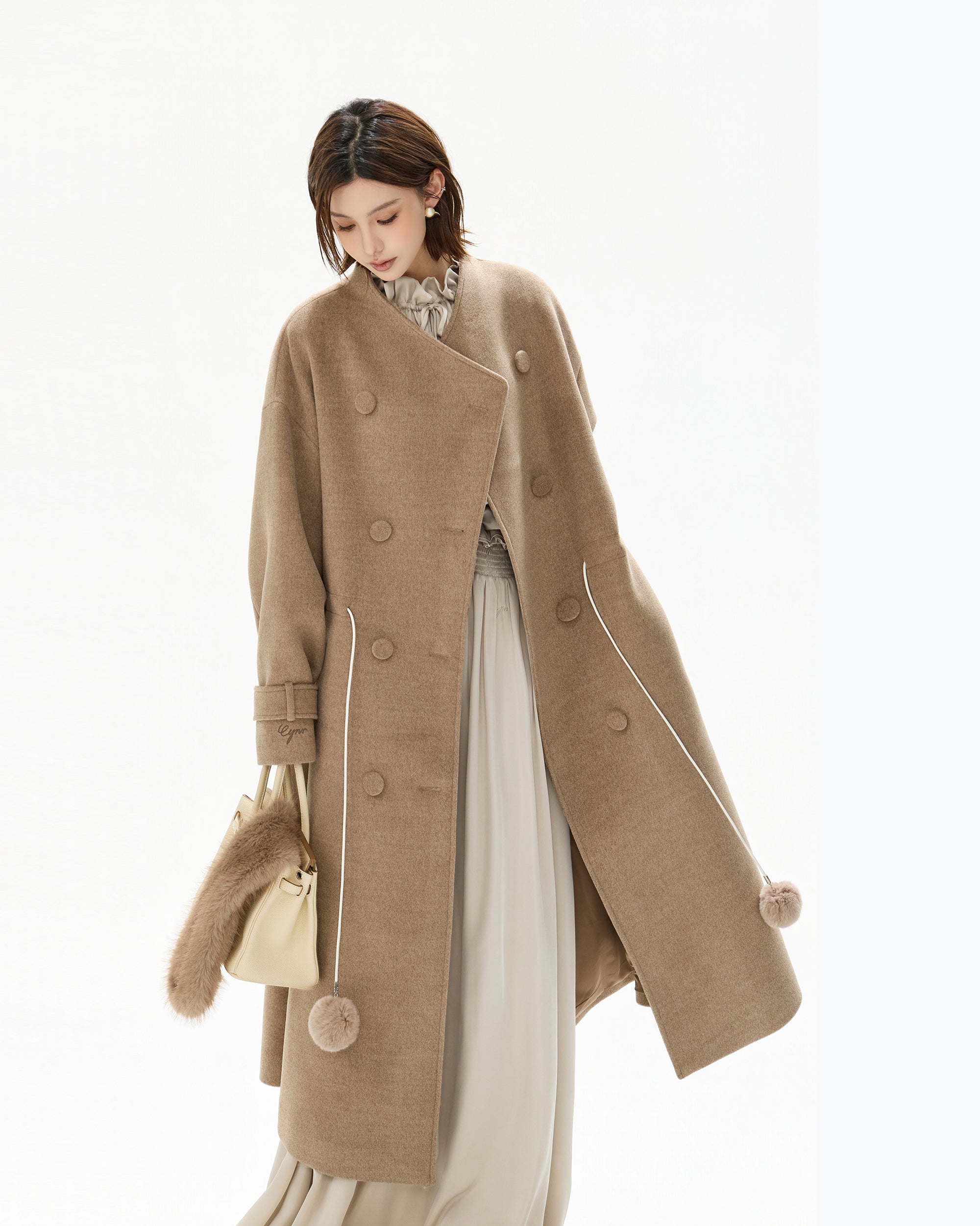 CYGNENOYR Faux Fur Collar Pom-Pom Cinched Coat