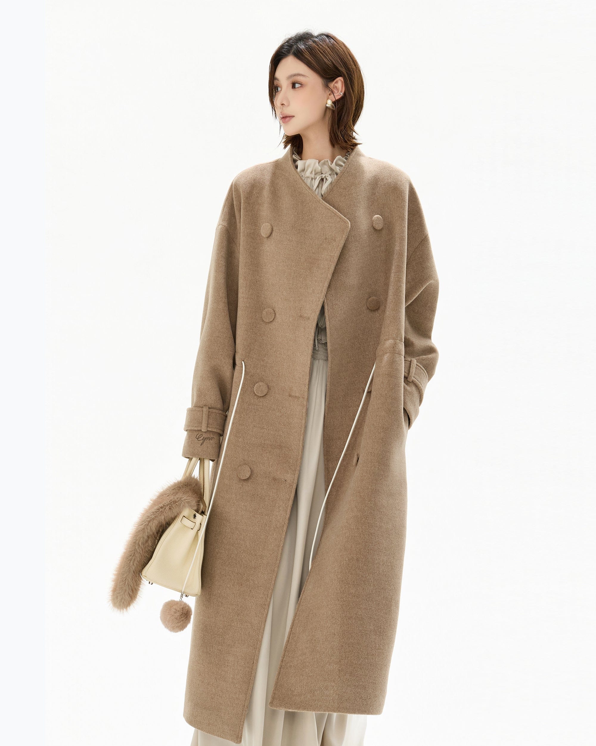 CYNR Faux Fur Collar Pom-Pom Cinched Coat