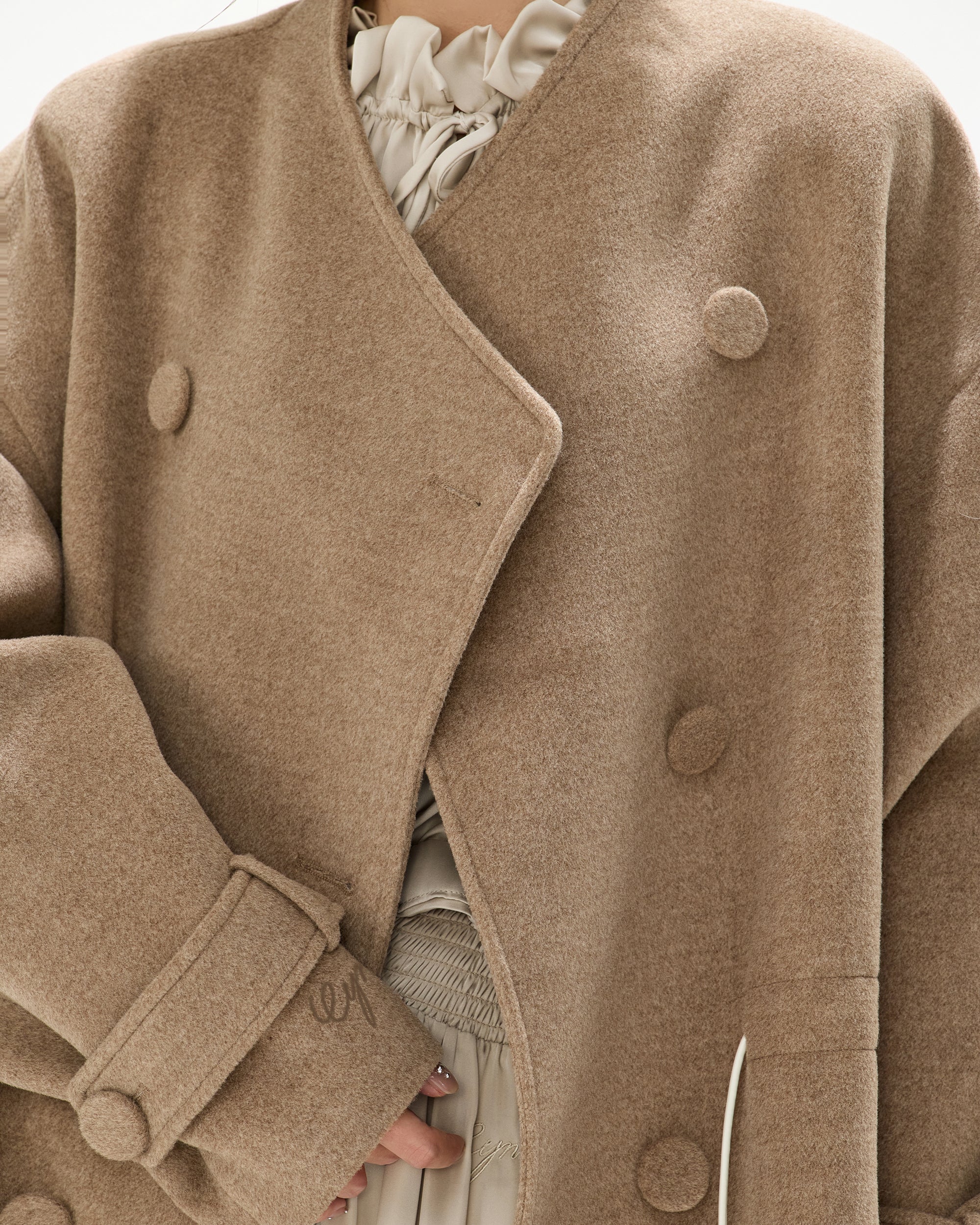 CYNR Faux Fur Collar Pom-Pom Cinched Coat