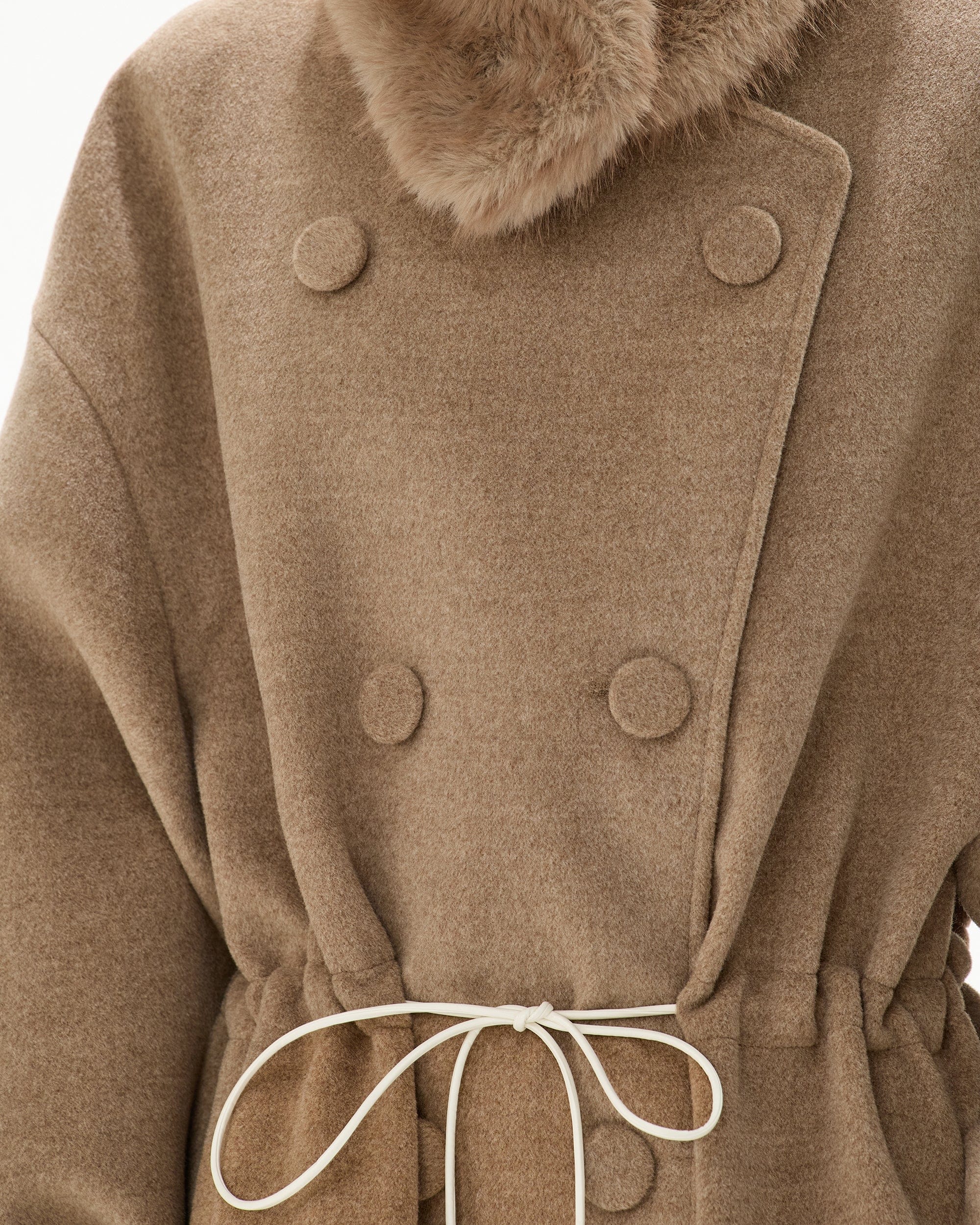 CYNR Faux Fur Collar Pom-Pom Cinched Coat
