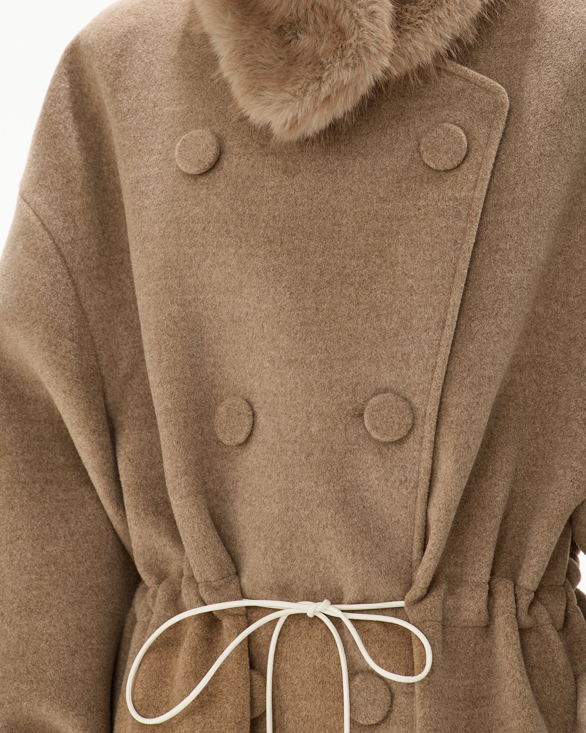 CYGNENOYR Faux Fur Collar Pom-Pom Cinched Coat