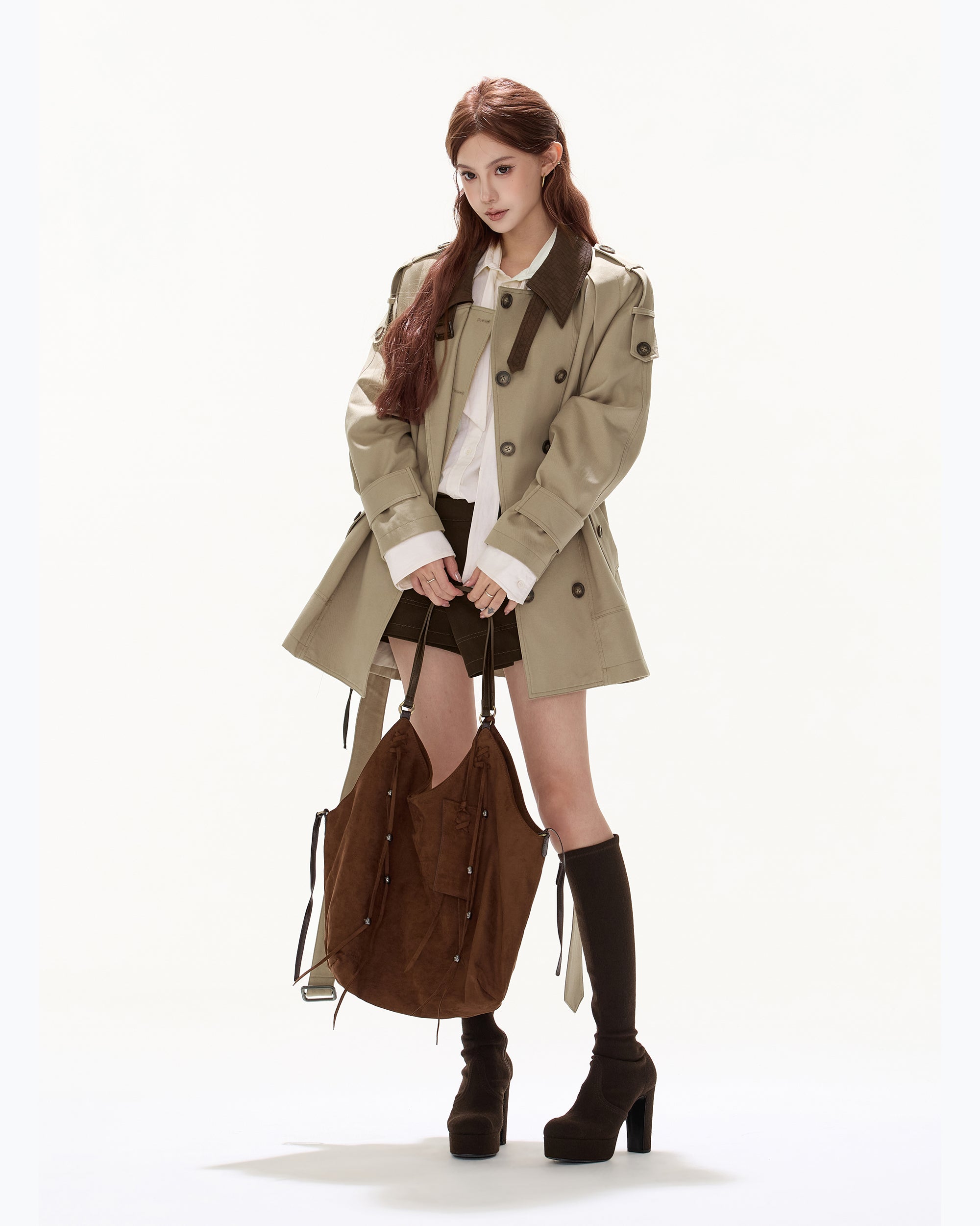 CYGNENOYR Classic Double-Breasted Belted Trench Coat