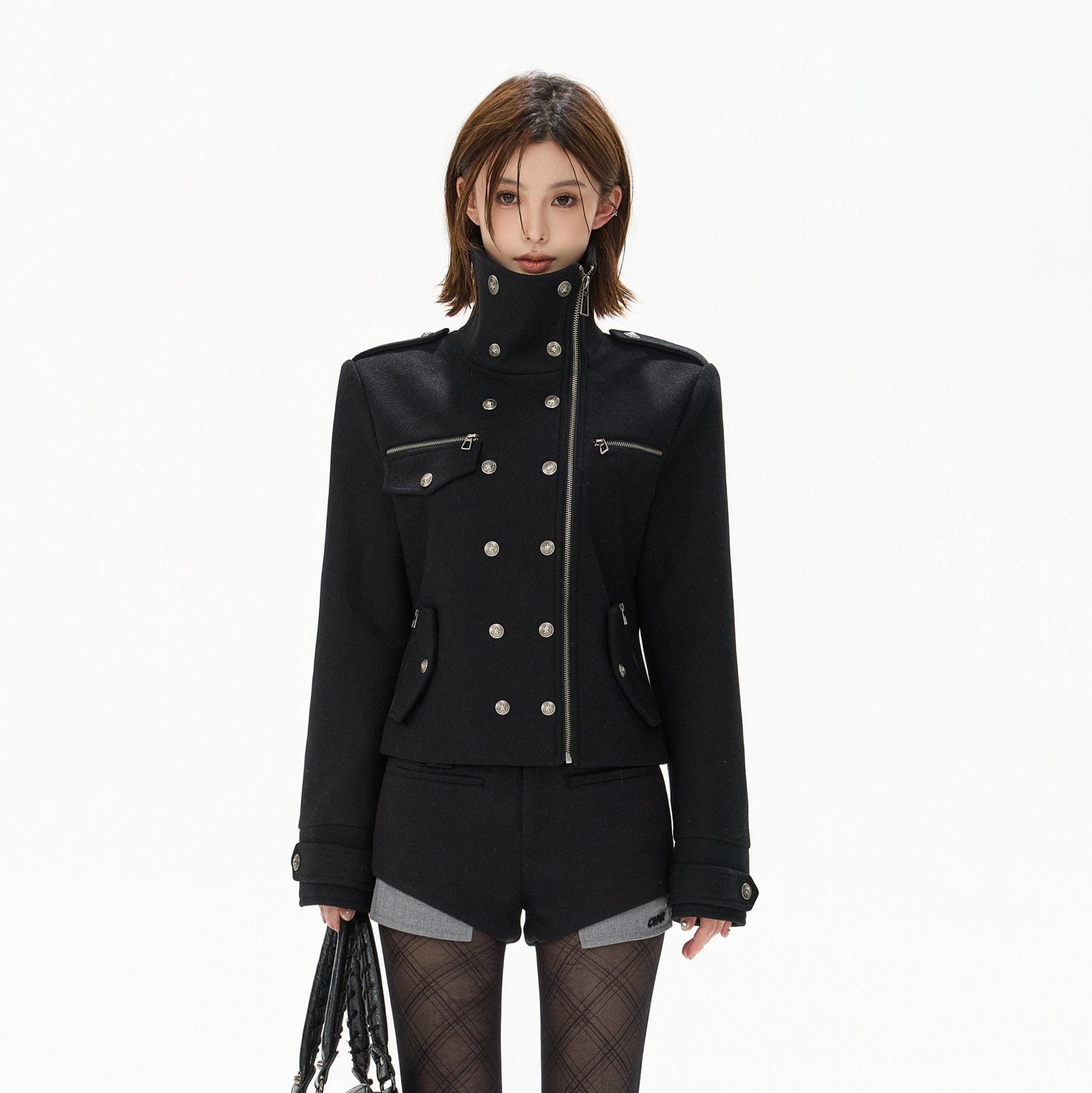 CYNR Double-Breasted Stand-Collar Wool-Blend Jacket Black
