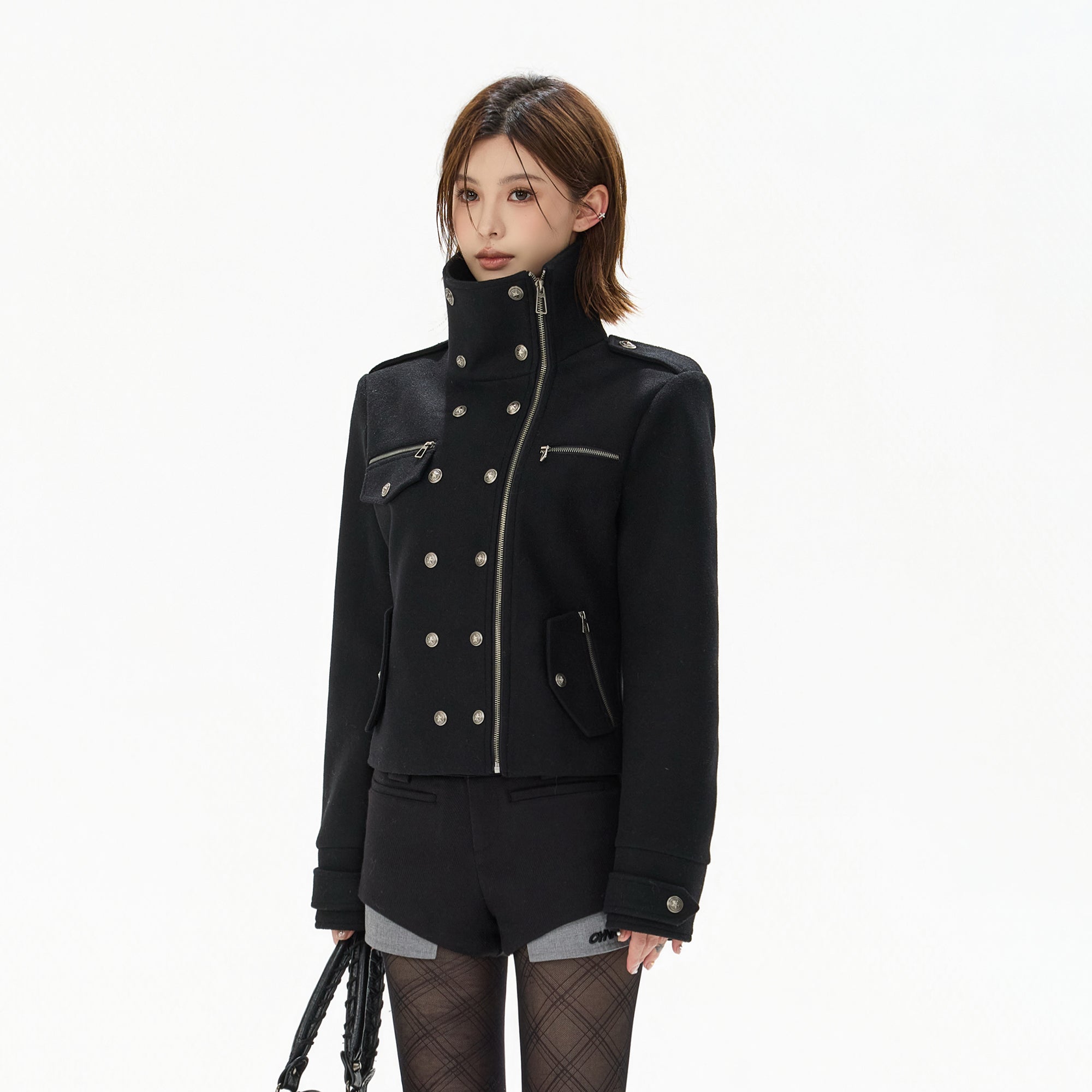 CYGNENOYR Double-Breasted Stand-Collar Wool-Blend Jacket Black