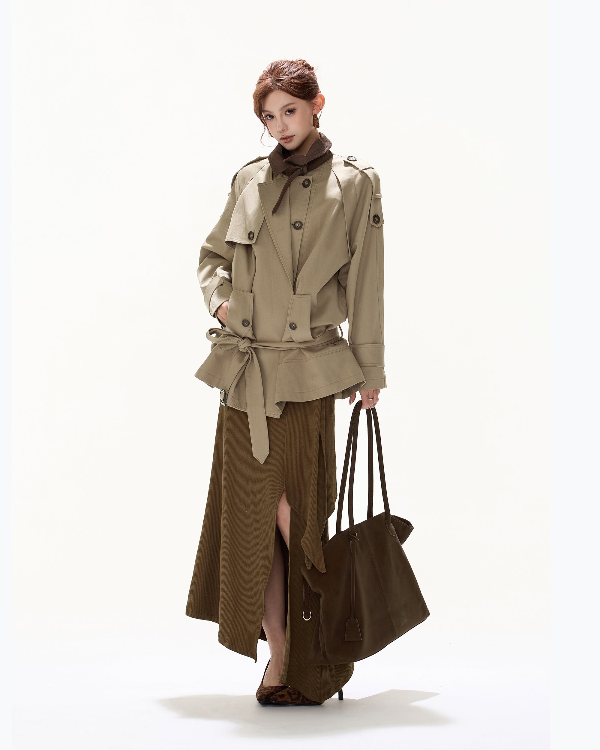 CYGNENOYR Classic Double-Breasted Belted Trench Coat