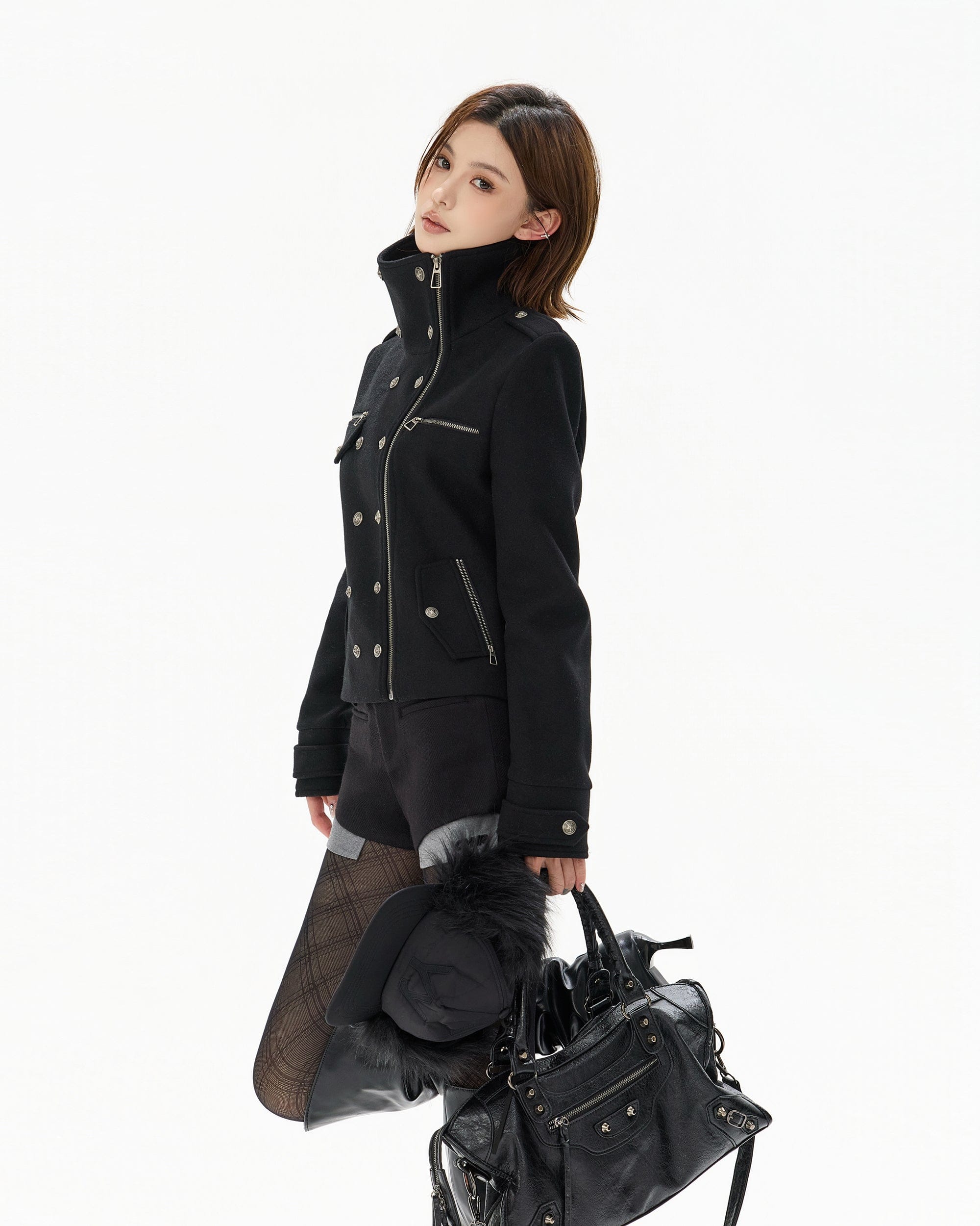 CYNR Double-Breasted Stand-Collar Wool-Blend Jacket Black