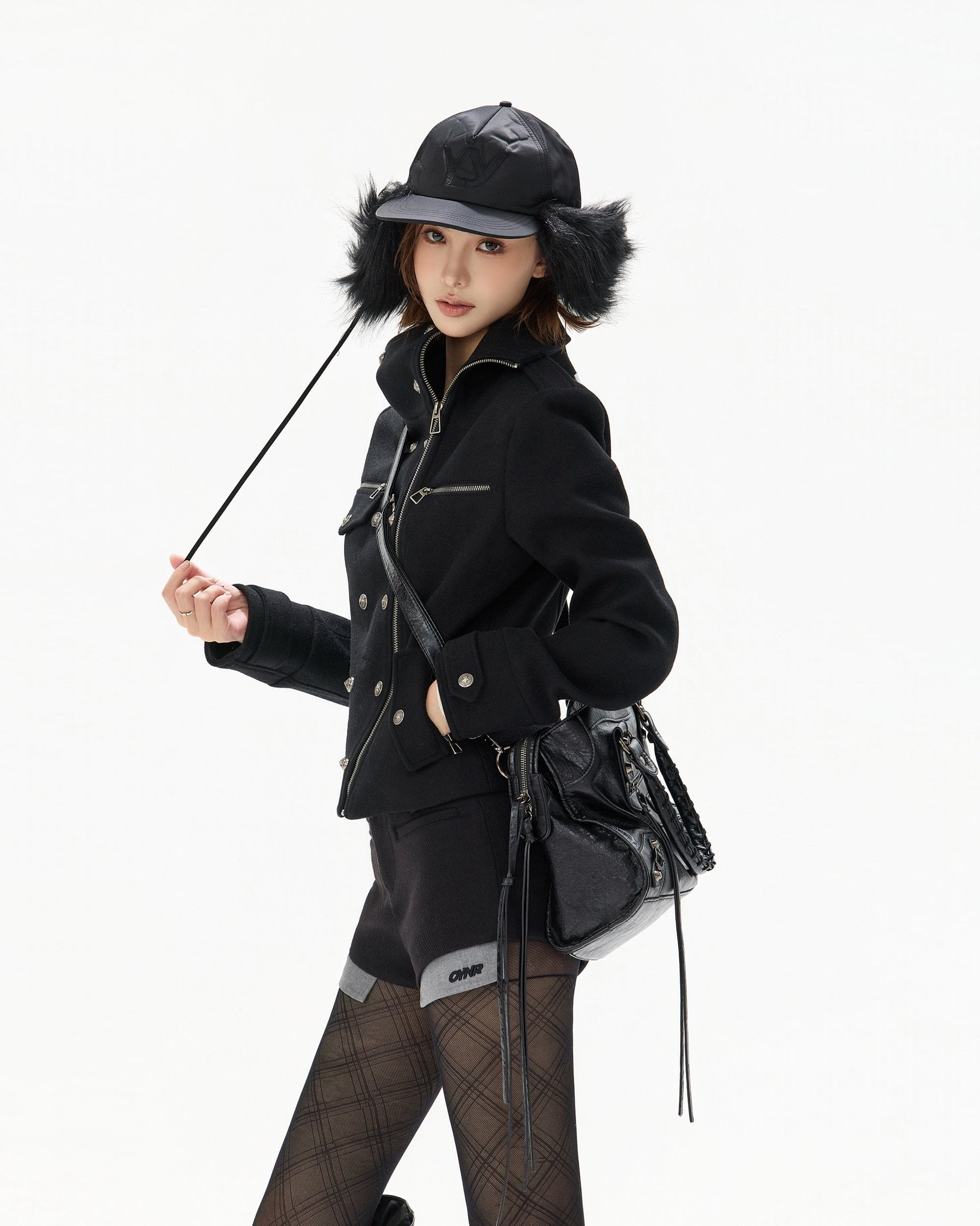 CYNR Double-Breasted Stand-Collar Wool-Blend Jacket Black