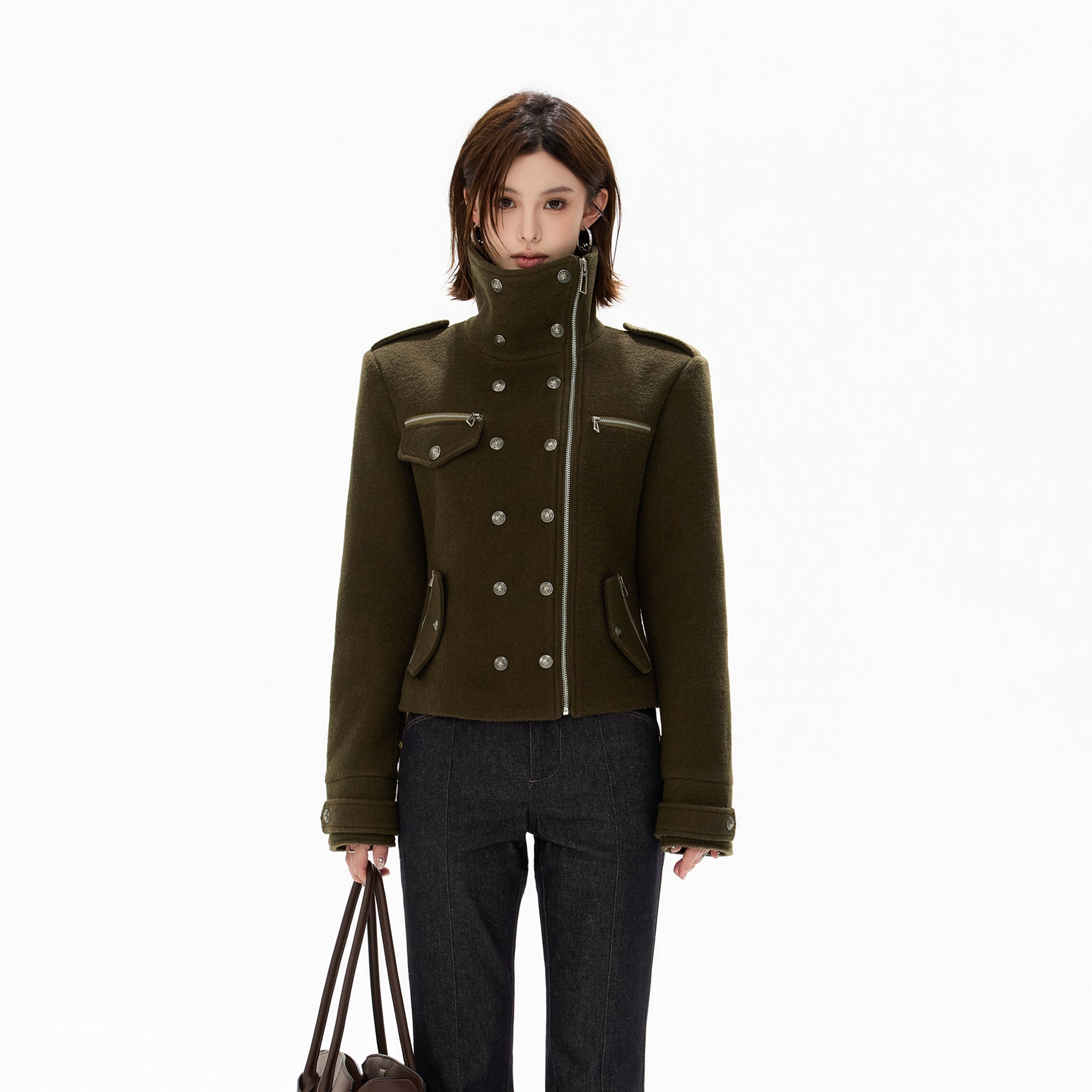 CYGNENOYR Double-Breasted Stand-Collar Wool-Blend Jacket Green