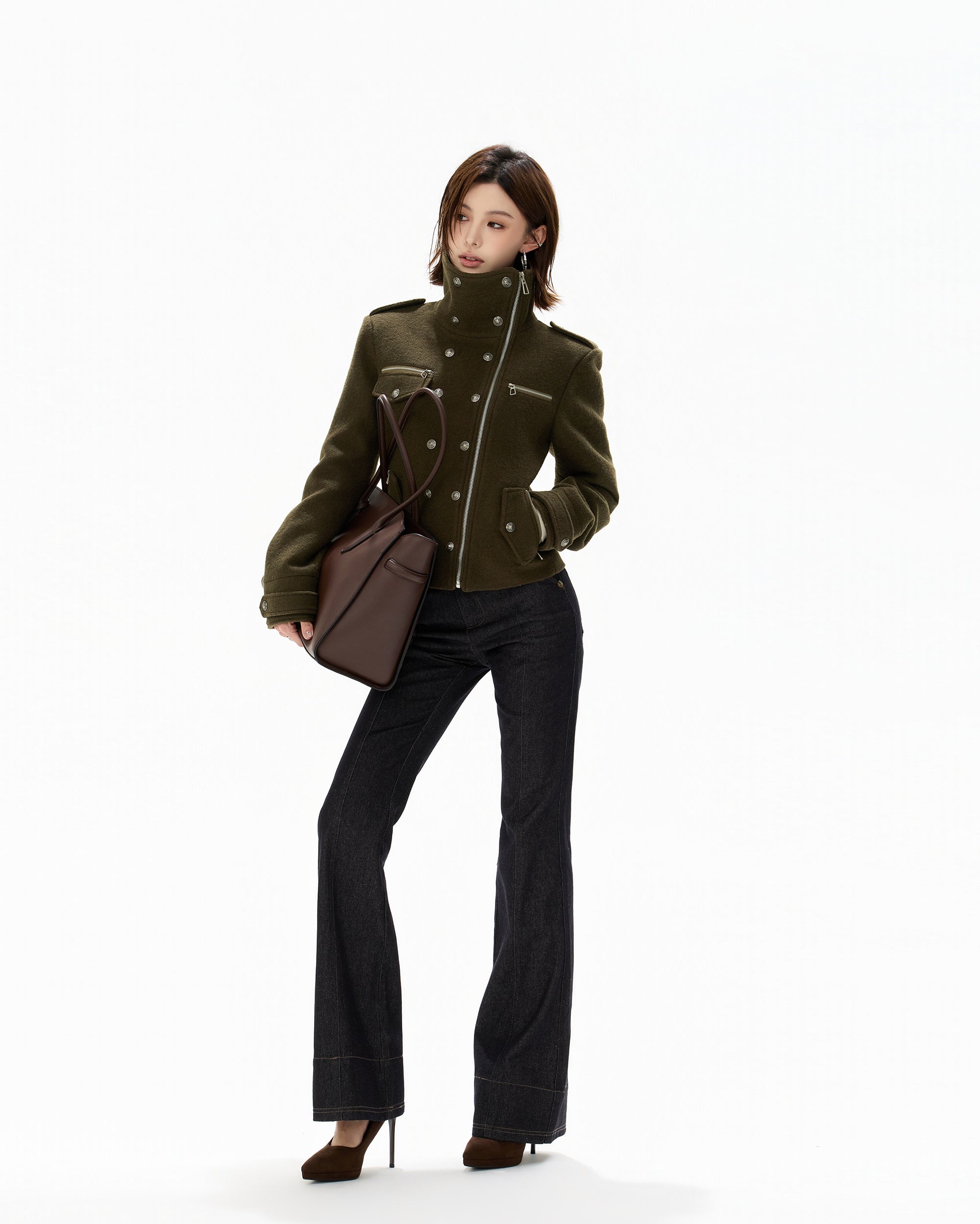 CYGNENOYR Double-Breasted Stand-Collar Wool-Blend Jacket Green