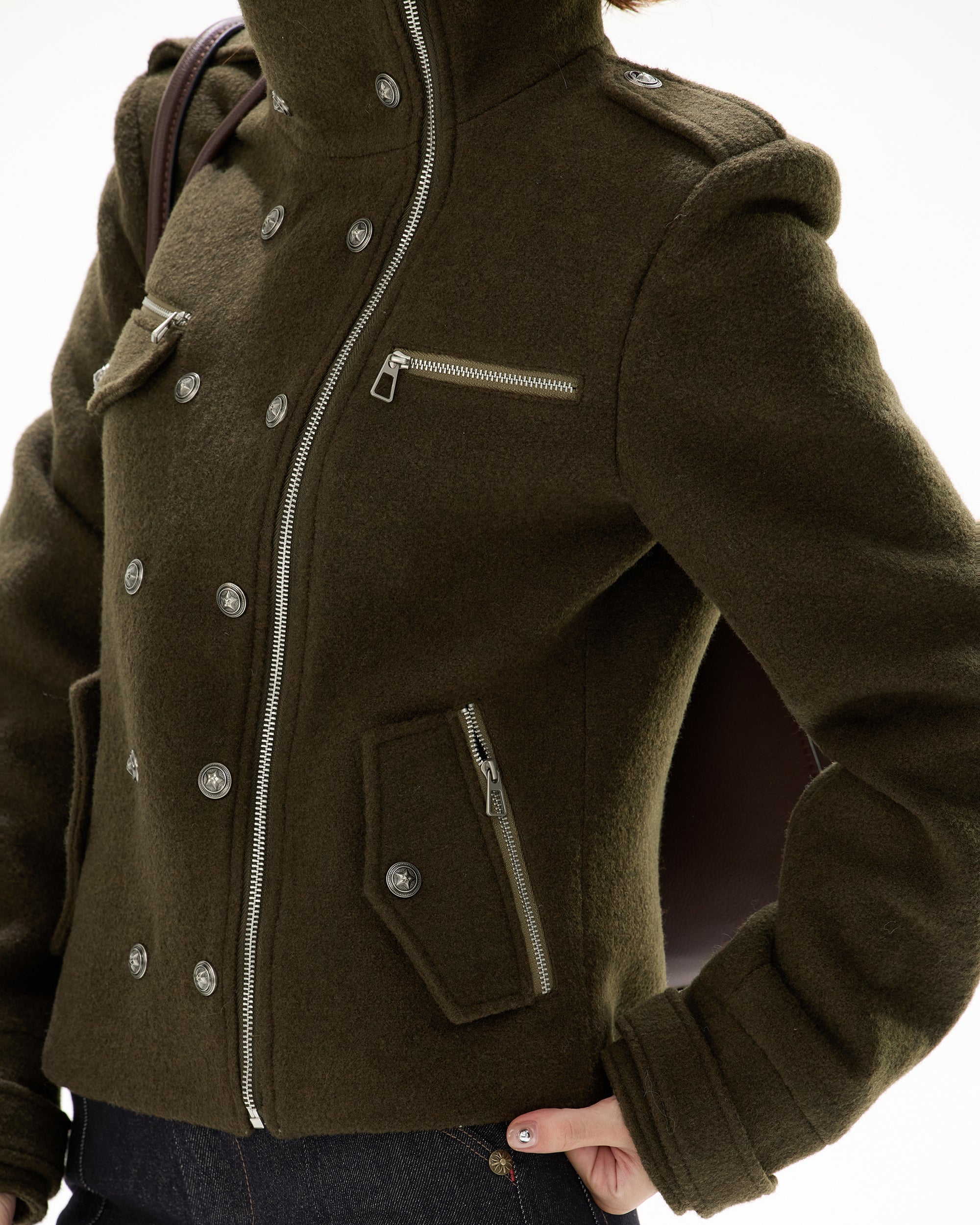 CYGNENOYR Double-Breasted Stand-Collar Wool-Blend Jacket Green