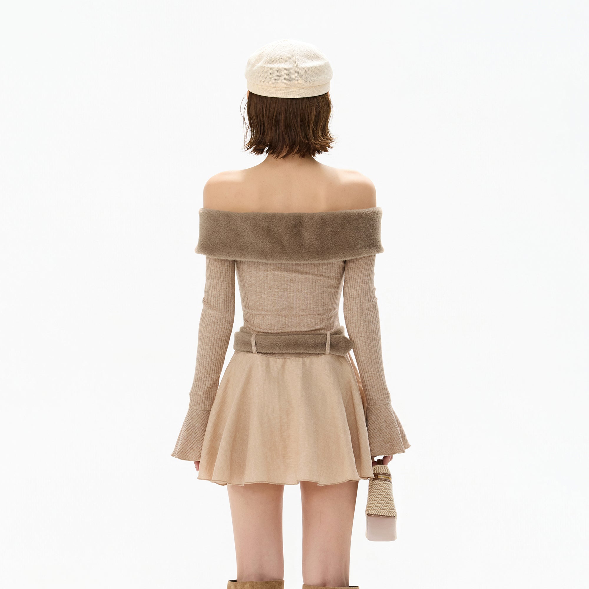 CYGNENOYR Ribbed Faux Fur Trim Knit Mini Dress