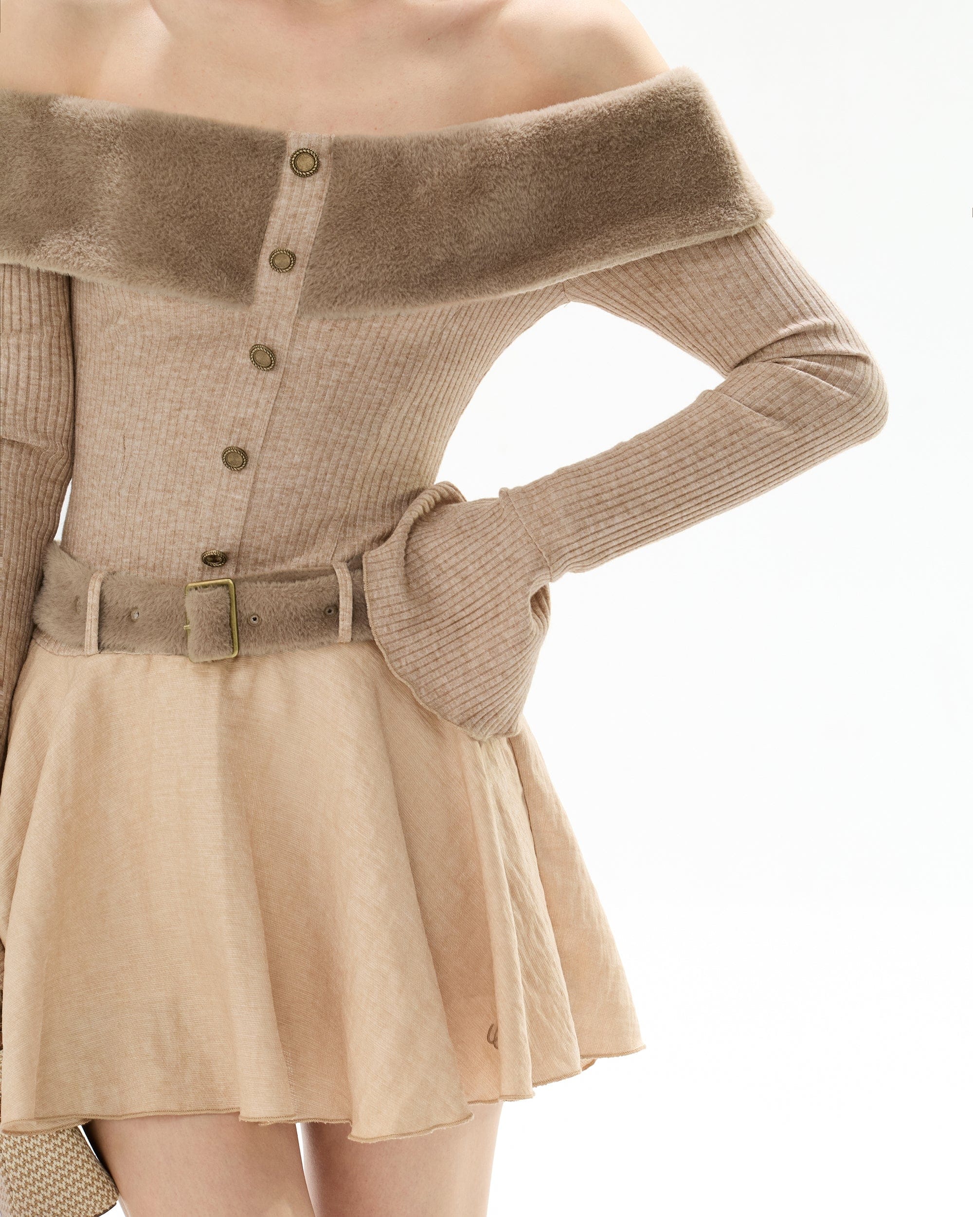 CYNR Ribbed Faux Fur Trim Knit Mini Dress
