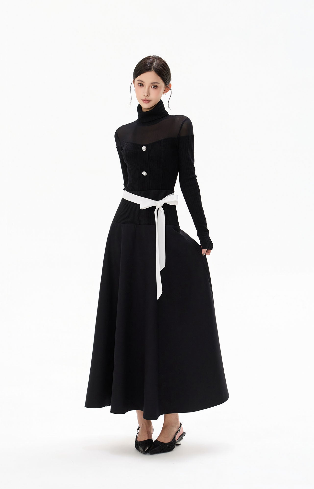 CYGNENOYR Ribbed-Waist Maxi Skirt with Contrast Ribbon