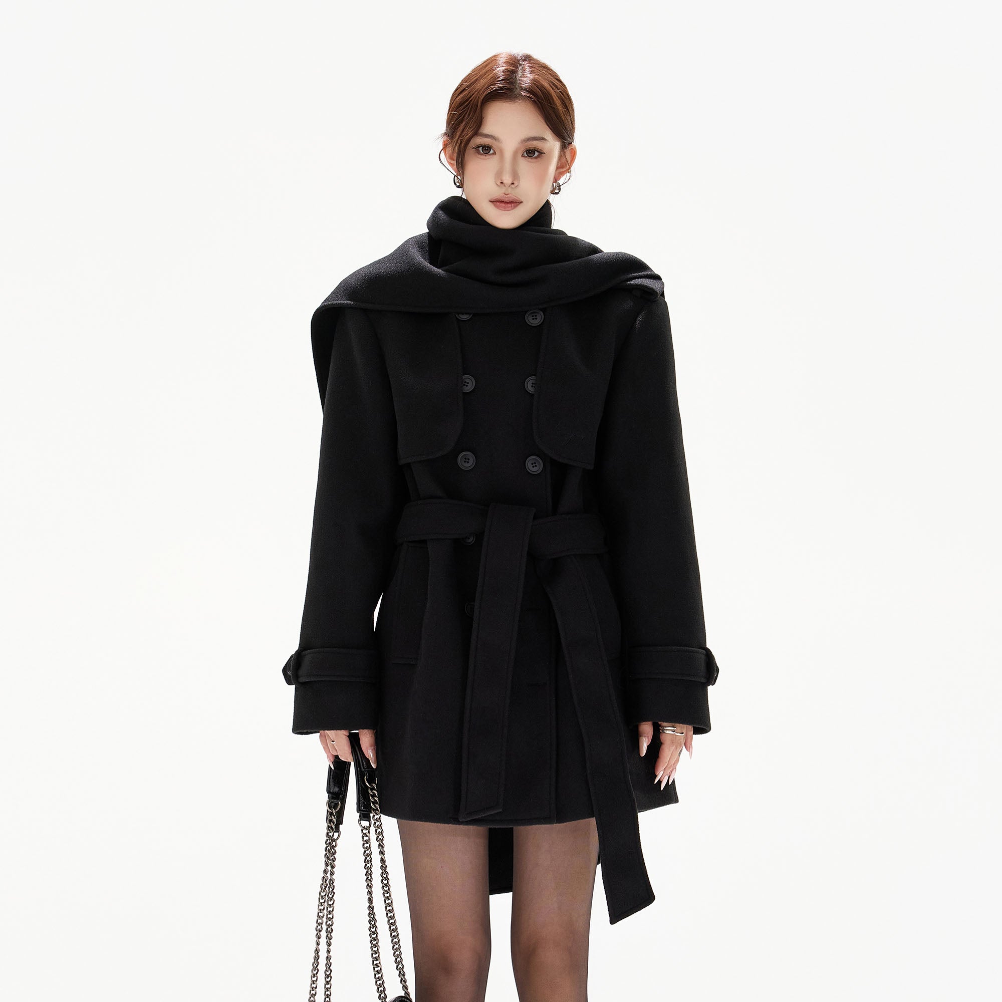 CYGNENOYR Military Belted High-Neck Mini Trench Coat