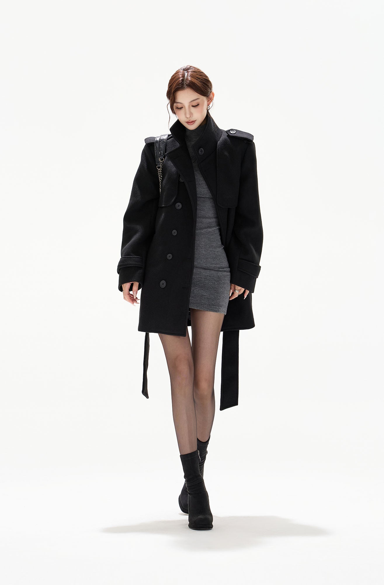 CYGNENOYR Military Belted High-Neck Mini Trench Coat