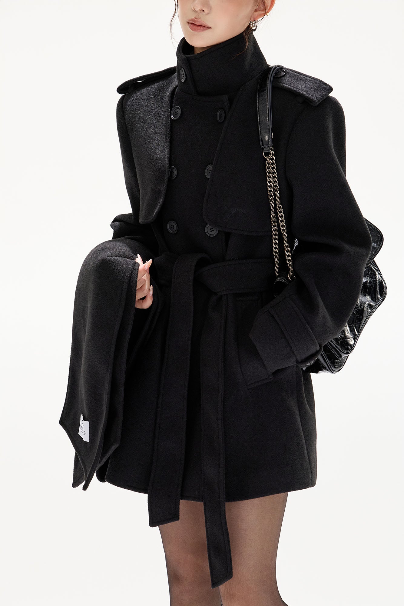 CYGNENOYR Military Belted High-Neck Mini Trench Coat