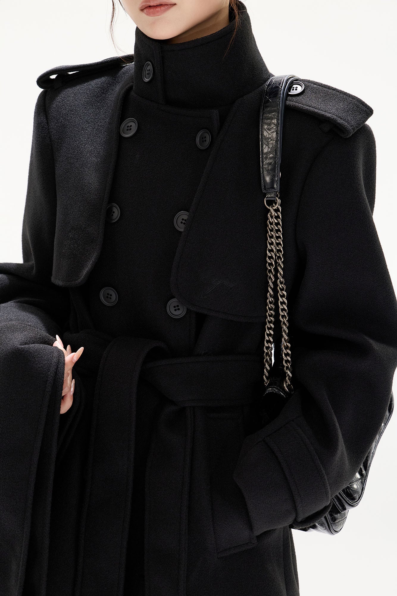 CYGNENOYR Military Belted High-Neck Mini Trench Coat