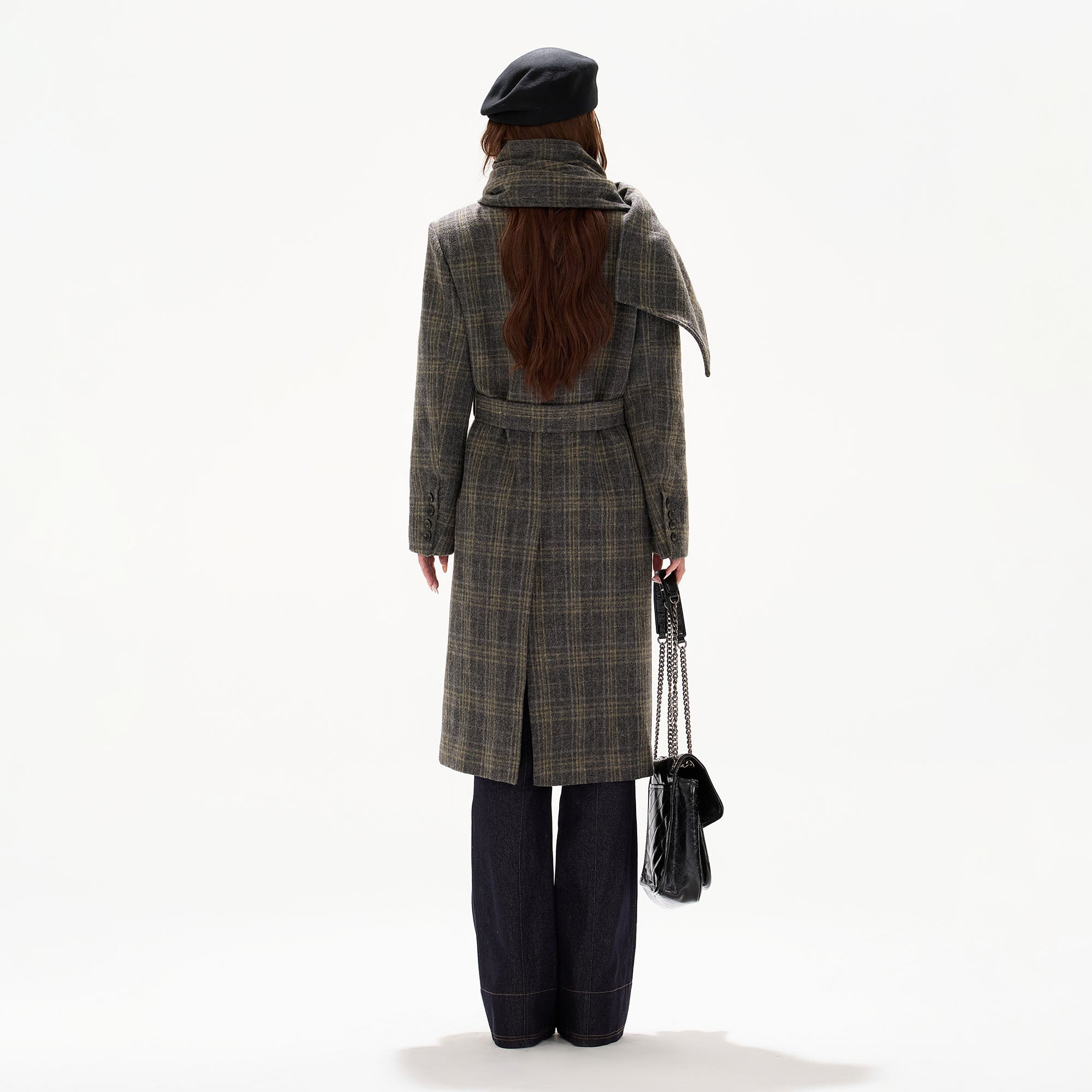 CYGNENOYR Detachable Scarf Plaid Wool-Blend Coat