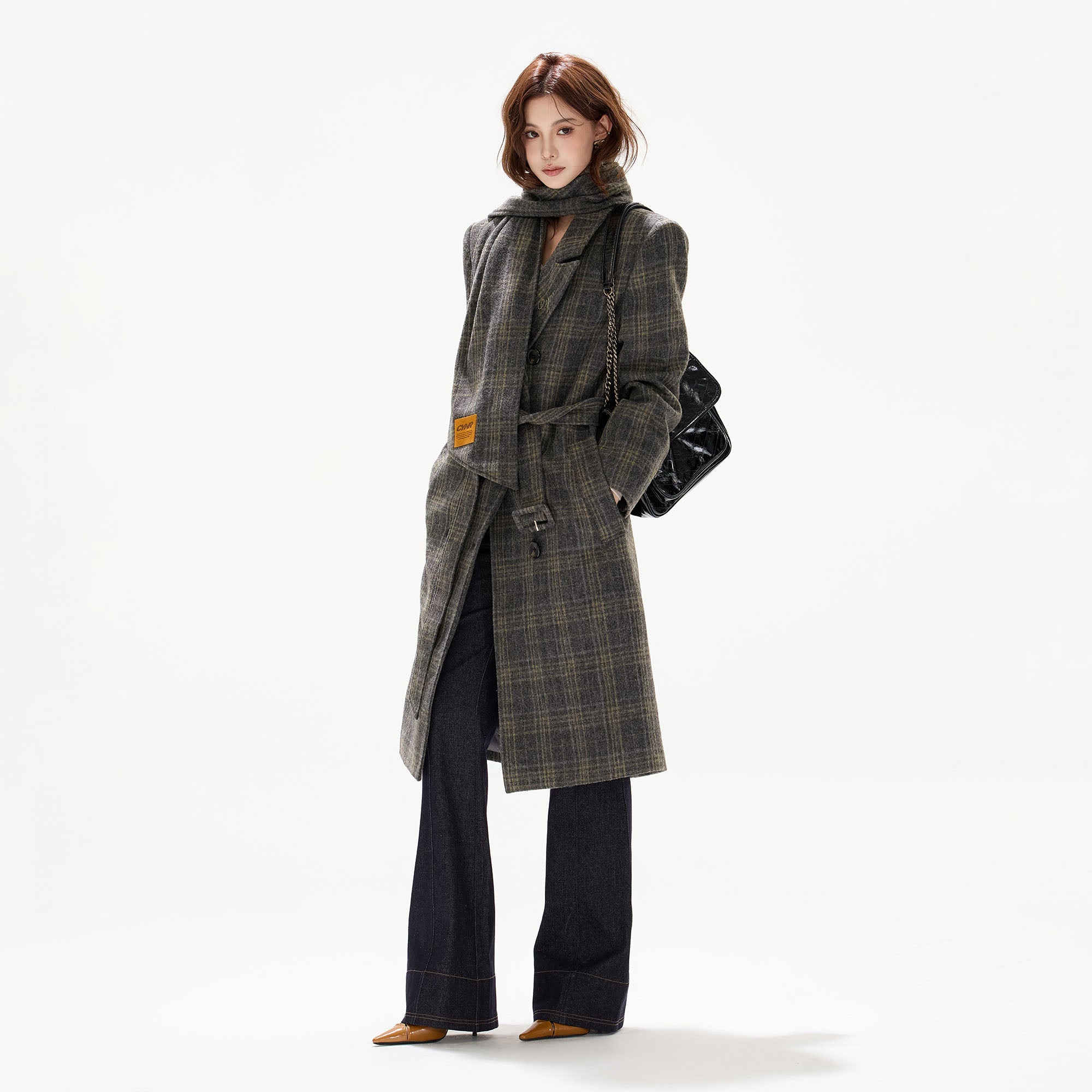 CYGNENOYR Detachable Scarf Plaid Wool-Blend Coat