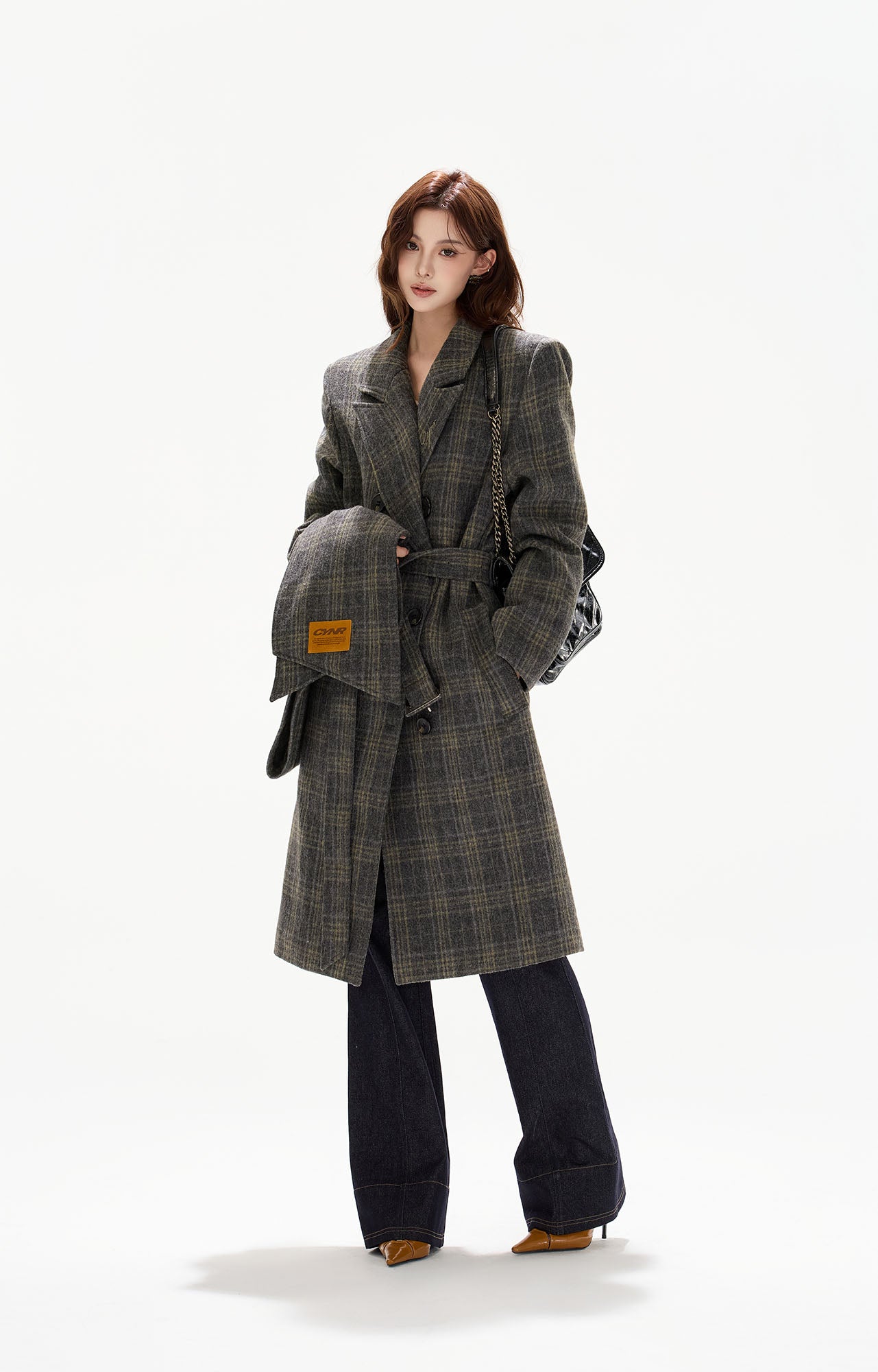 CYGNENOYR Detachable Scarf Plaid Wool-Blend Coat