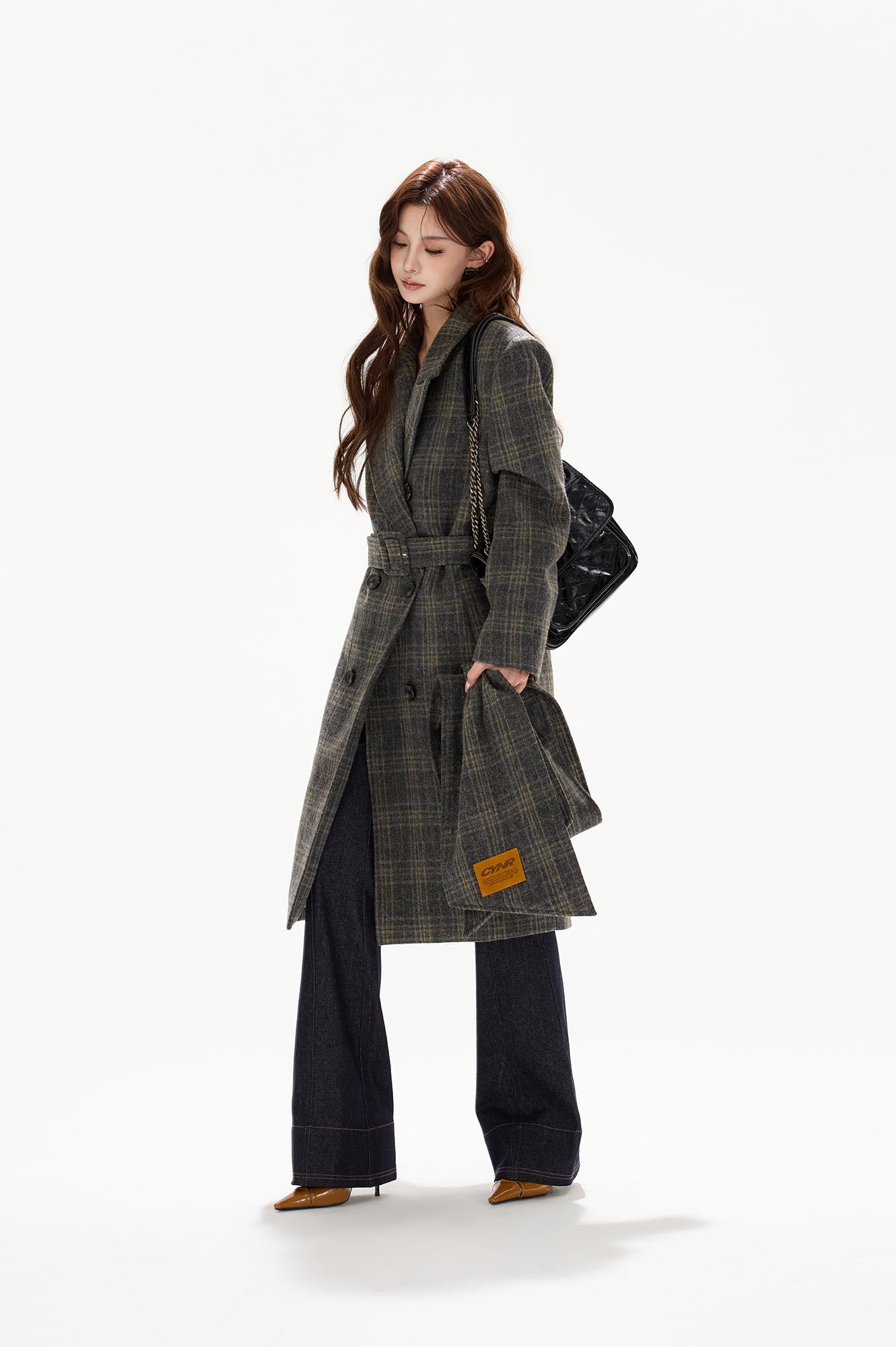 CYGNENOYR Detachable Scarf Plaid Wool-Blend Coat