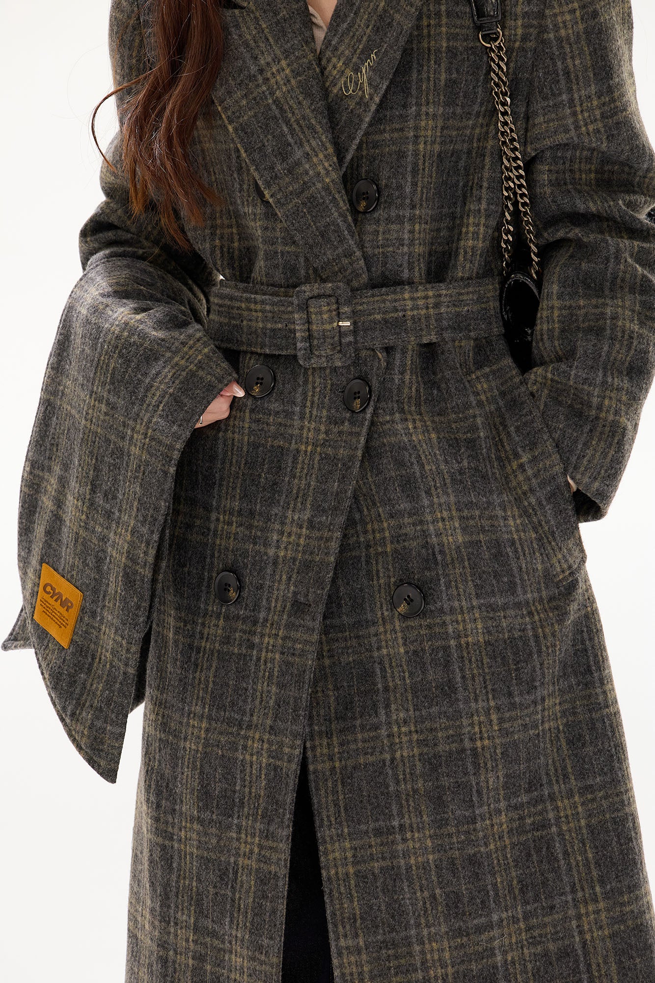 CYGNENOYR Detachable Scarf Plaid Wool-Blend Coat