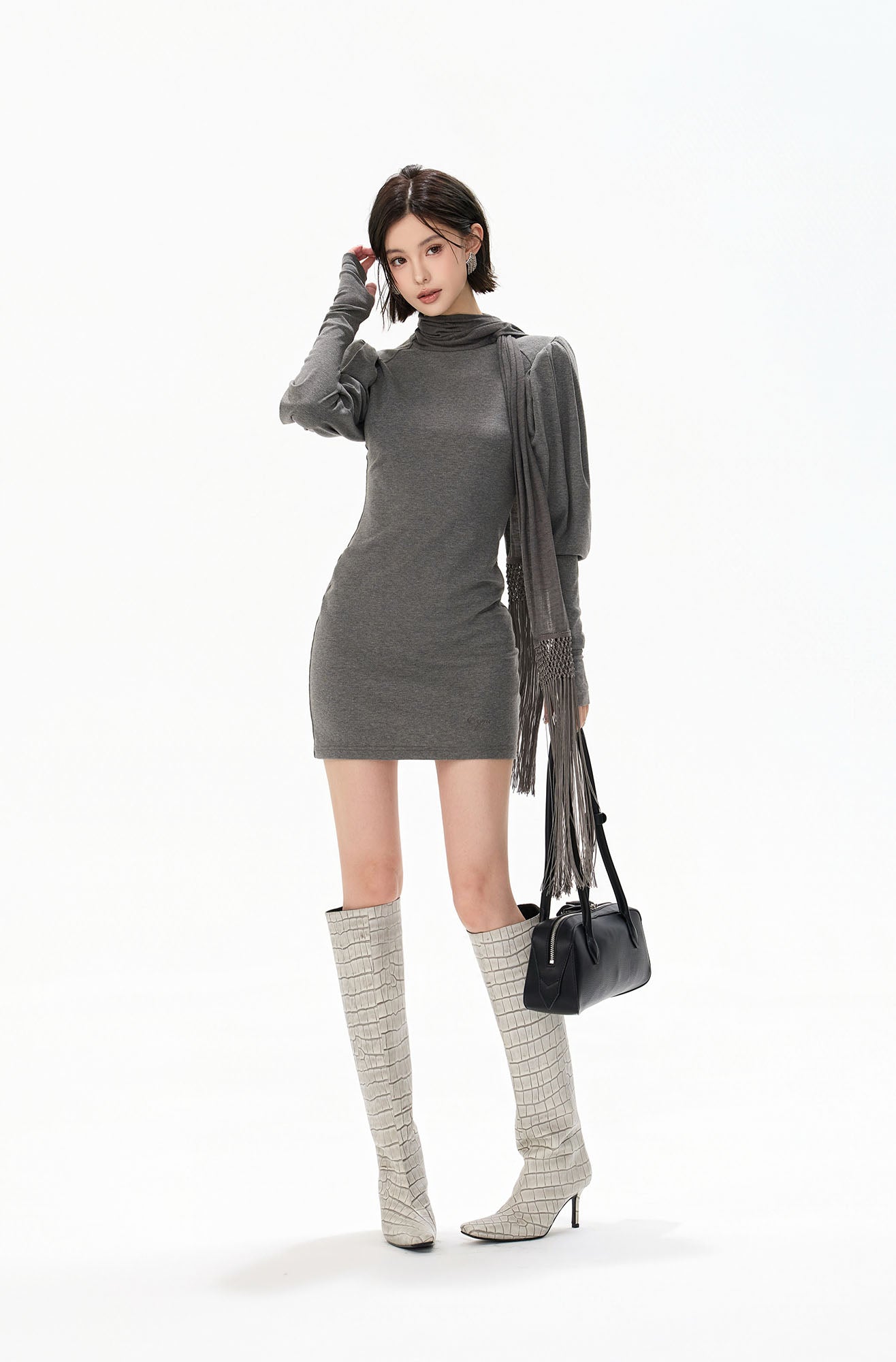 CYGNENOYR Puff-Shoulder Fringe Scarf Mini Dress