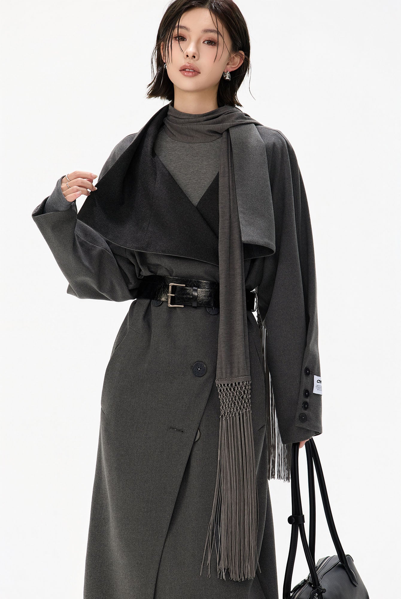 CYNR Draped Lapel Double-Breasted Coat