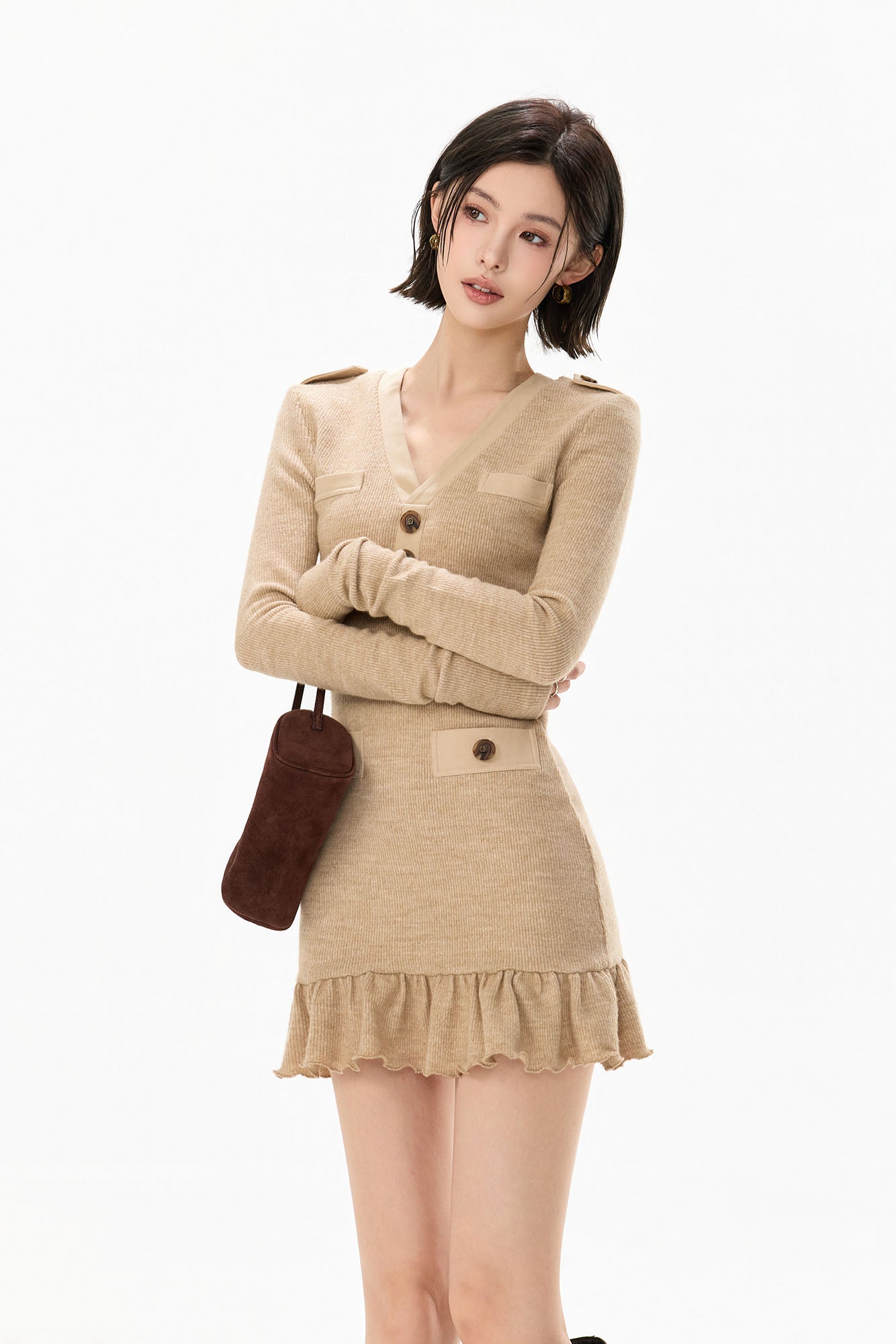 CYNR Detachable Faux-Fur Collar Ribbed Mini Dress Khaki