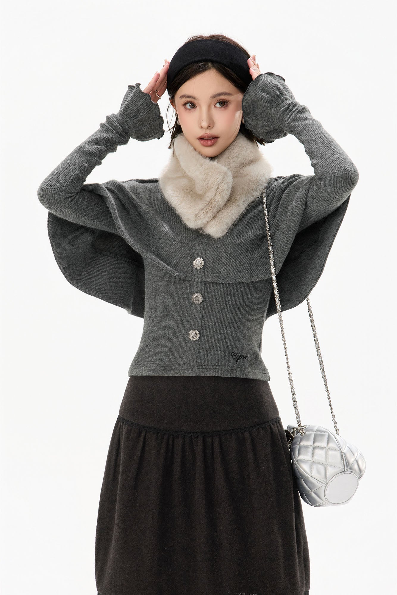 CYGNENOYR Capelet-Overlay Button Knit Top